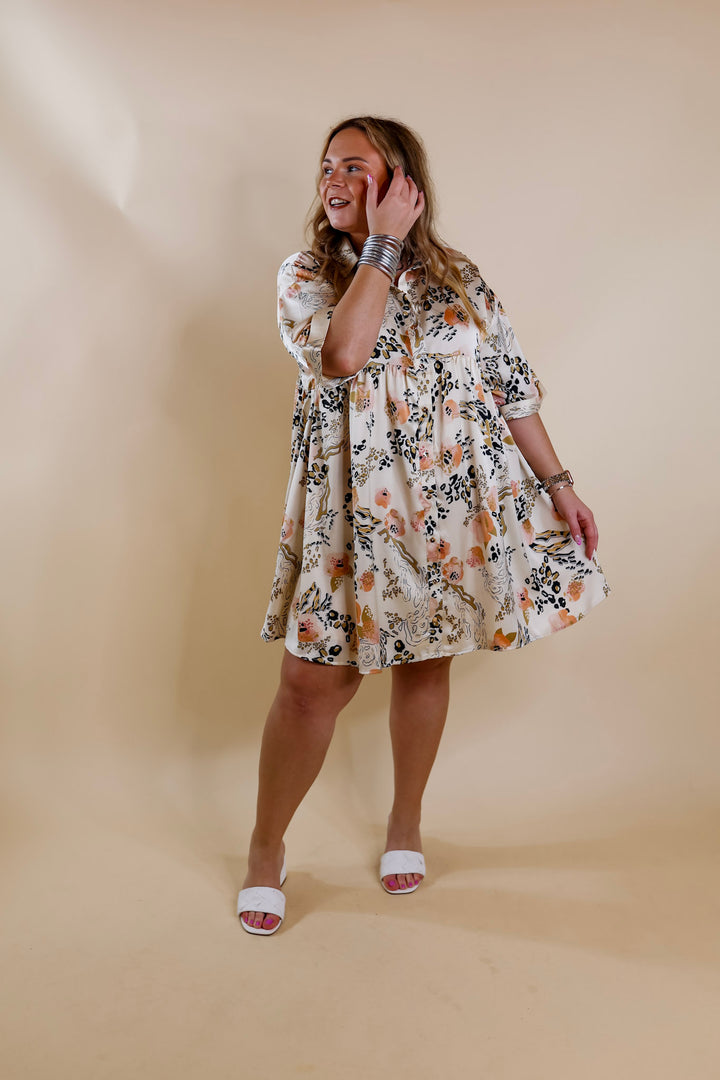 Ready To Flaunt Button Up Mix Print Satin Babydoll Dress in Ivory - Giddy Up Glamour Boutique