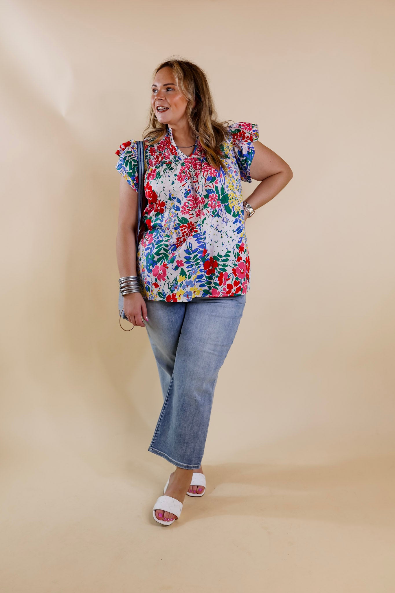 Lovely Line Up Floral Print with Ruffle Cap Sleeves in Ivory Mix - Giddy Up Glamour Boutique