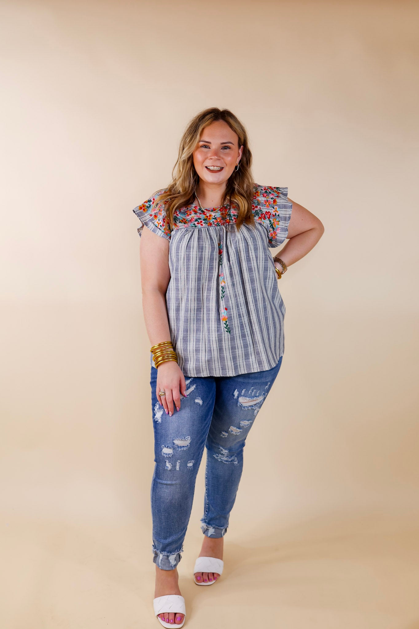 Sweet Success Floral Embroidered Striped Top with Ruffle Cap Sleeves in Dusty Blue - Giddy Up Glamour Boutique