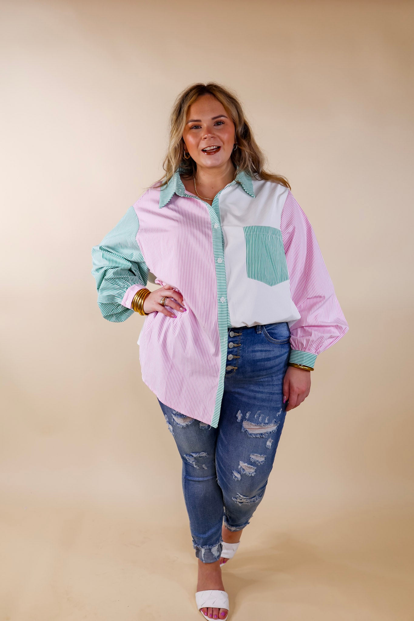 Picture This Pin Stripe Color Block Button Up Top in Pink and Green - Giddy Up Glamour Boutique
