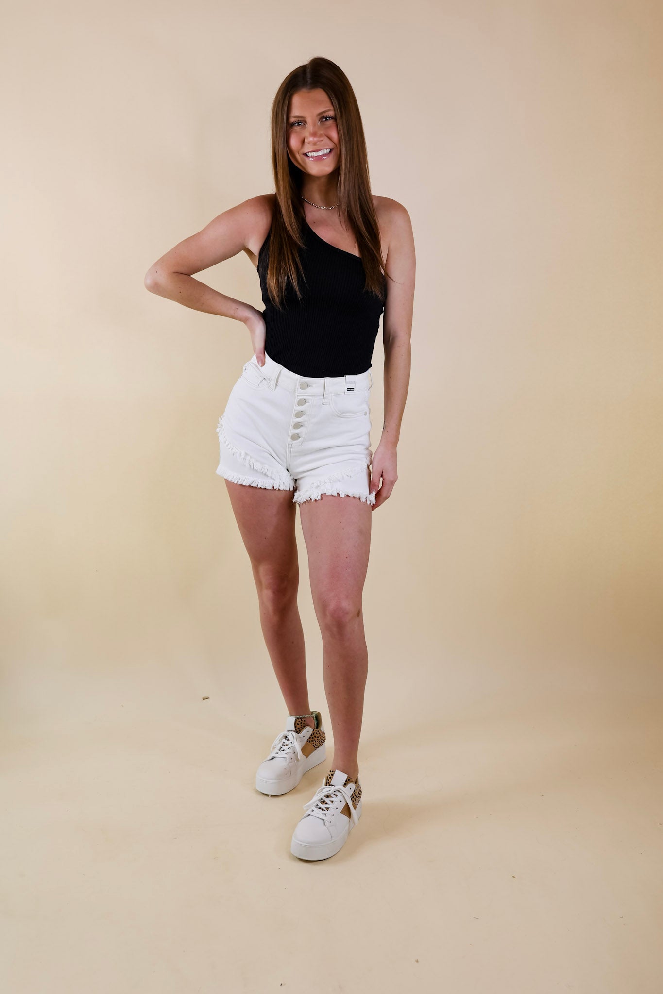 Judy Blue | These Are The Days Tulip Hem Button Fly Shorts in White - Giddy Up Glamour Boutique