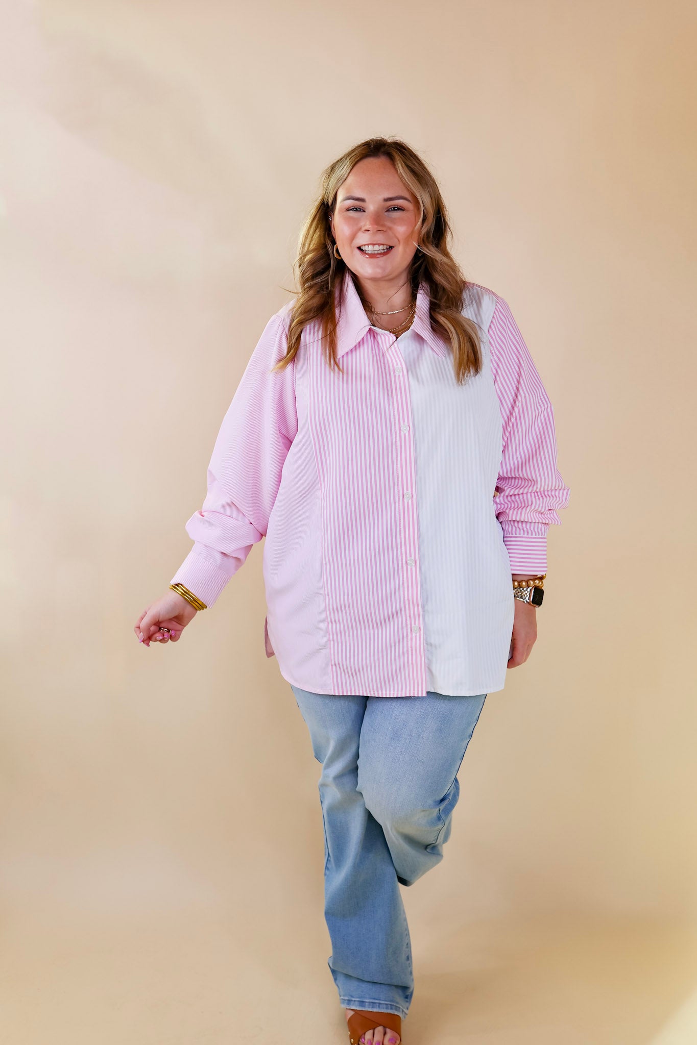 Back To You Pin Stripe Color Block Button Up Top in Pink and White - Giddy Up Glamour Boutique