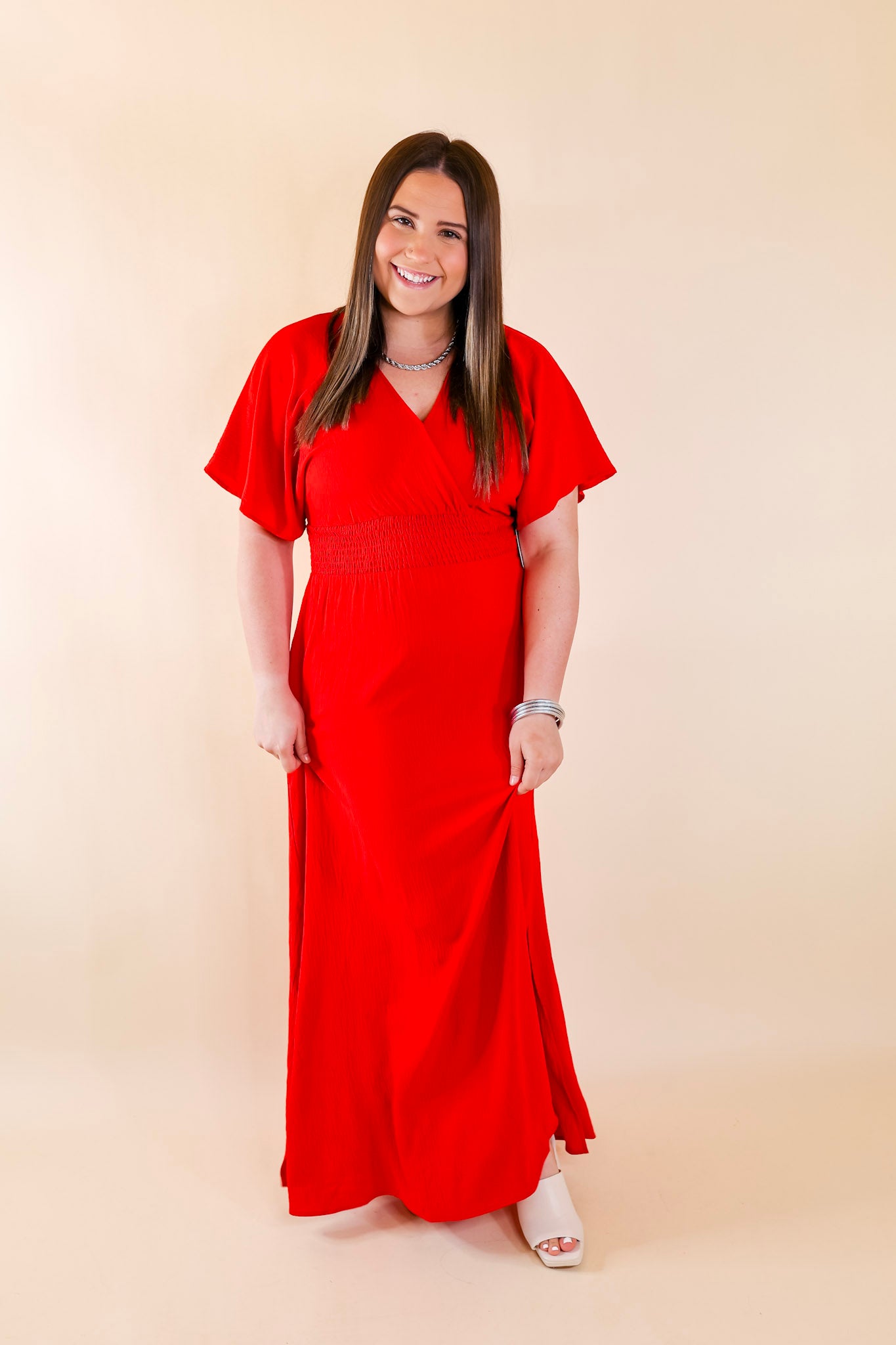 Wildly In Love V Neck Maxi Dress with Smocked Waist in Red - Giddy Up Glamour Boutique