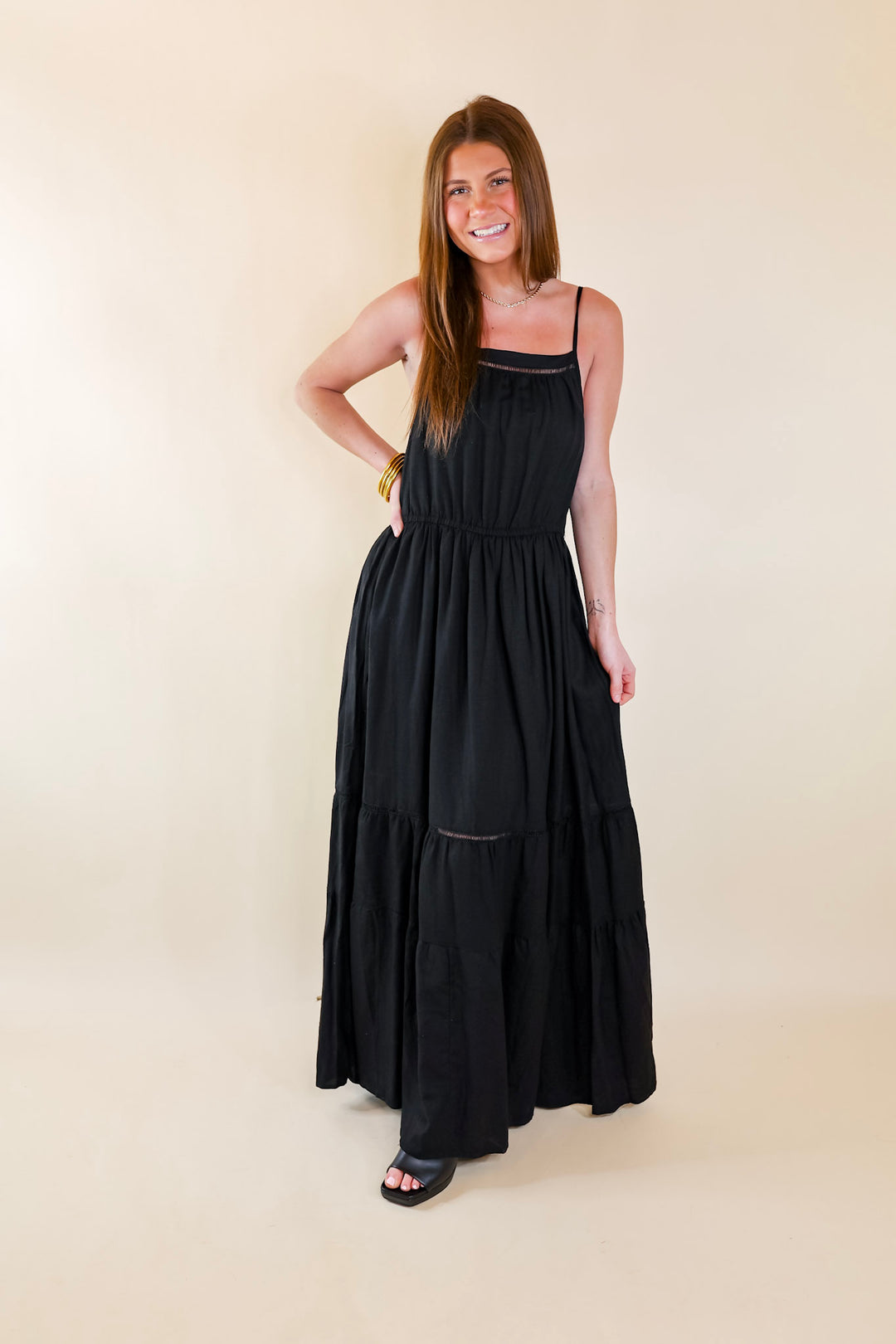 Tranquil Tides Tiered Maxi Dress in Black - Giddy Up Glamour Boutique