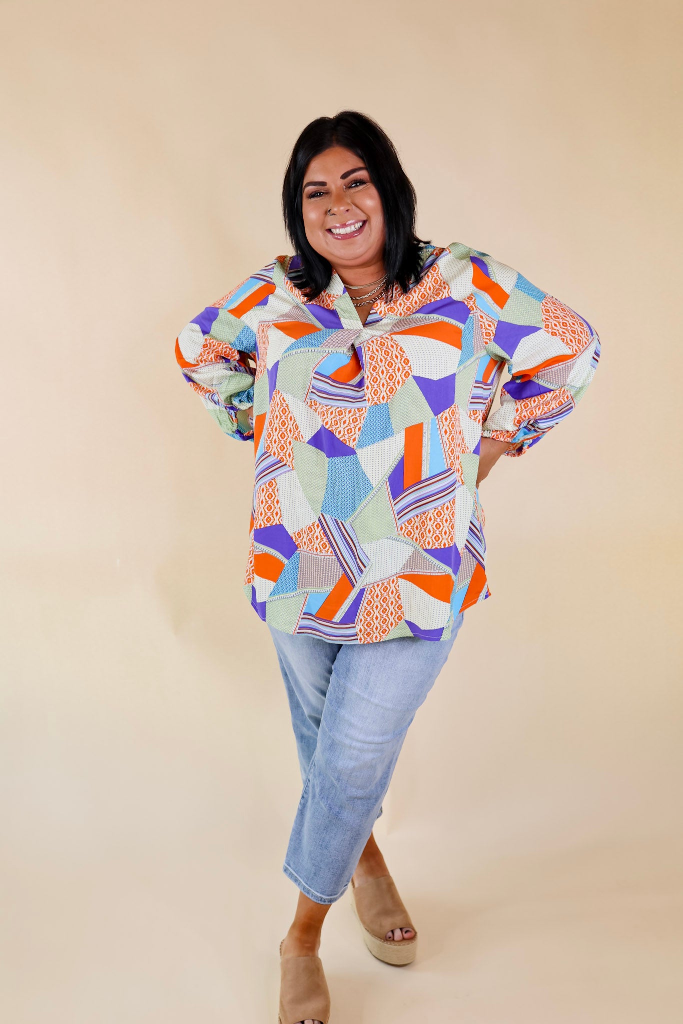 Eyes On Paradise Mix Patch Print Blouse with 3/4 Sleeves in Orange and Blue Mix - Giddy Up Glamour Boutique