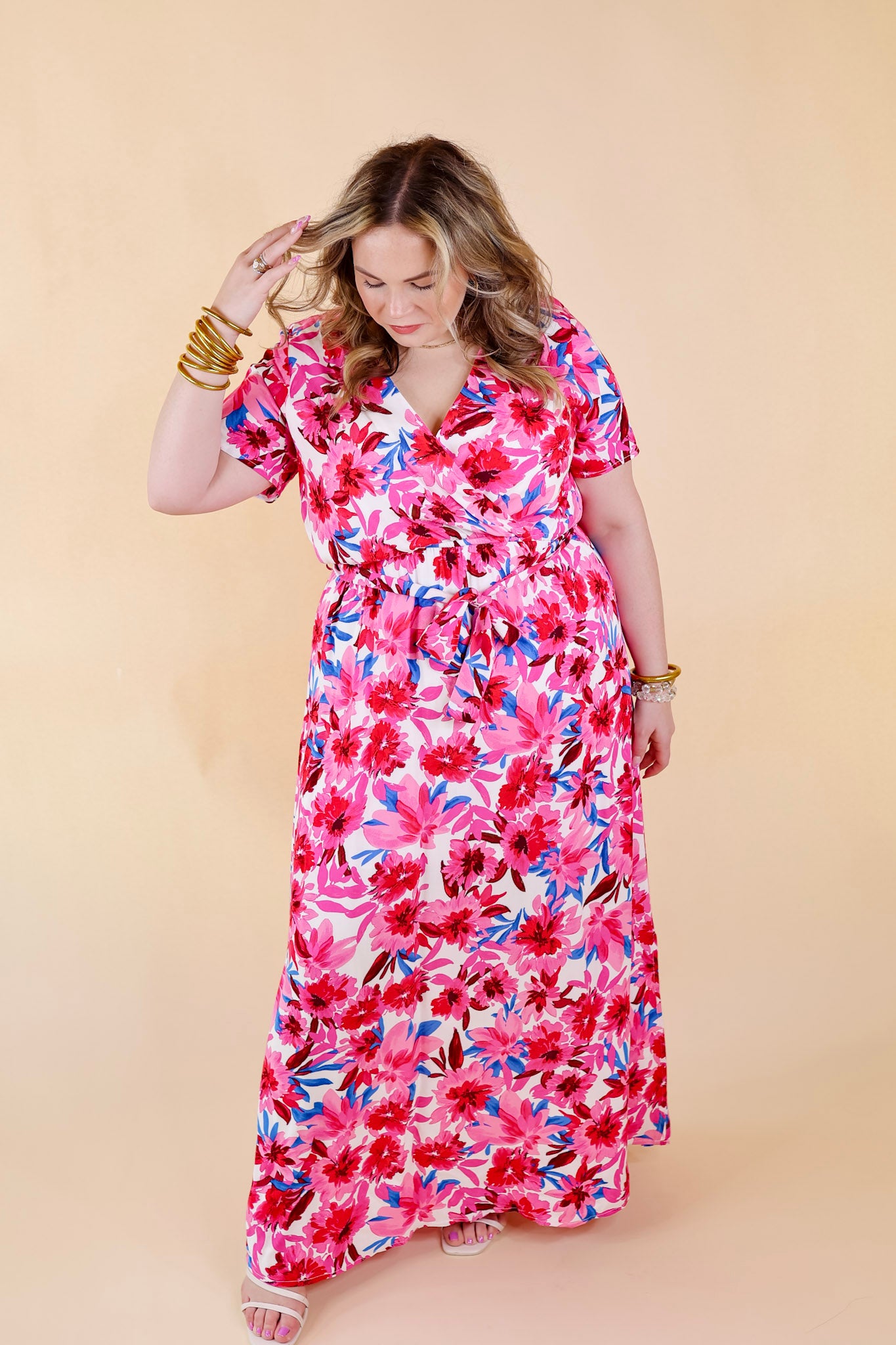 Delightful Dip Floral Maxi Dress with Waist Tie in Pink Mix - Giddy Up Glamour Boutique