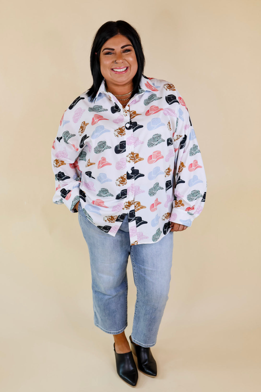 The Cowgirl Way Button Up Mix Print Cowboy Hat Top in White - Giddy Up Glamour Boutique