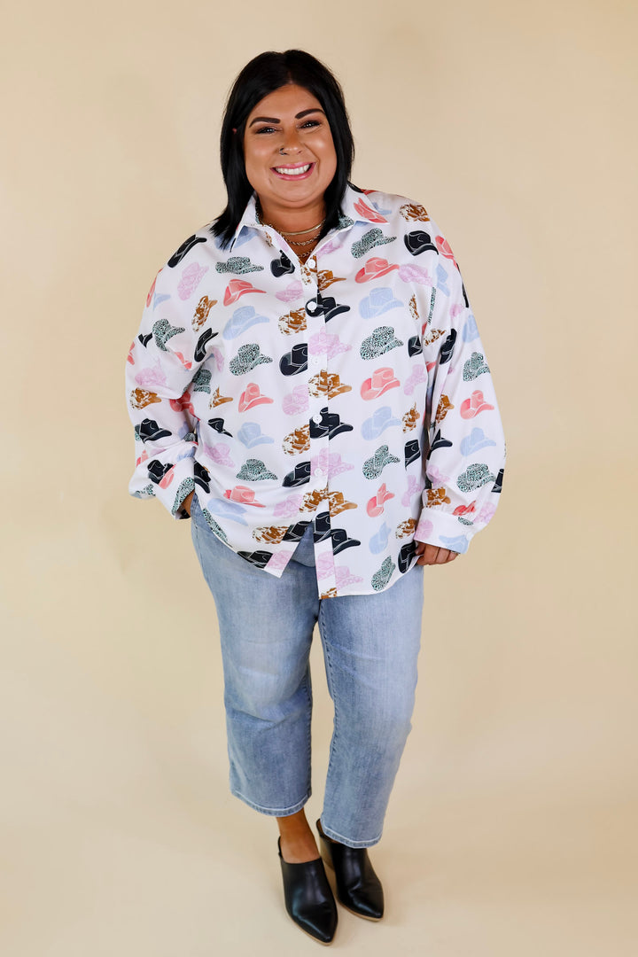 The Cowgirl Way Button Up Mix Print Cowboy Hat Top in White - Giddy Up Glamour Boutique