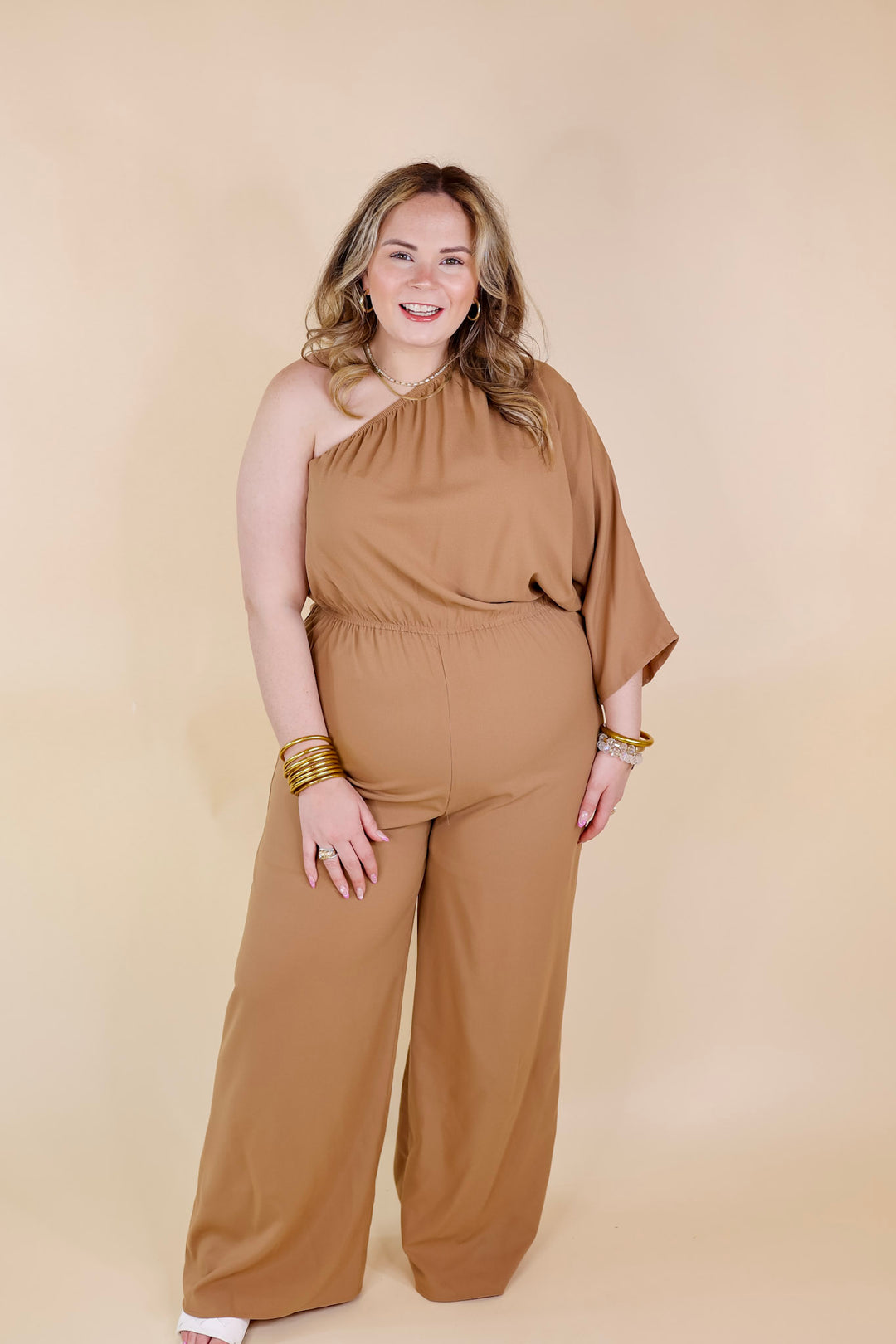 Ready To Wow One Shoulder Wide Leg Jumpsuit in Camel Brown - Giddy Up Glamour Boutique