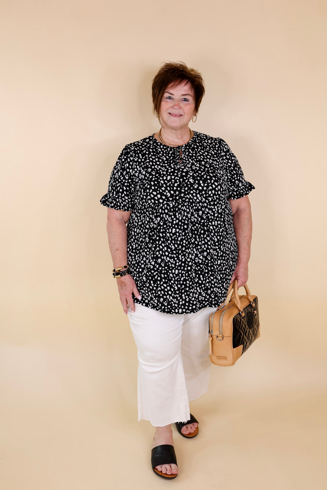 Waiting For A Sign Cheetah Print Babydoll Top with Keyhole and Tie Neckline in Black - Giddy Up Glamour Boutique