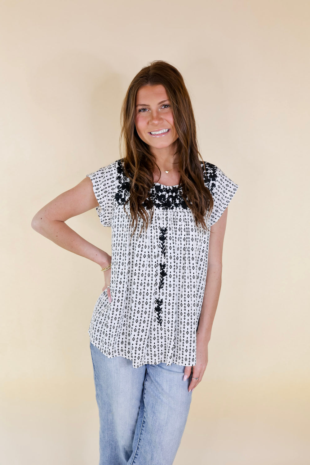 Grab My Hand Ruffle Cap Sleeve Top with Floral Embroidery in White - Giddy Up Glamour Boutique