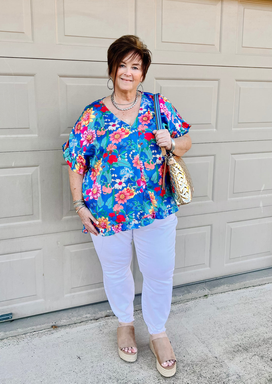 Blissful Mindset Floral V Neck Top with Short Ruffle Sleeves in Blue - Giddy Up Glamour Boutique