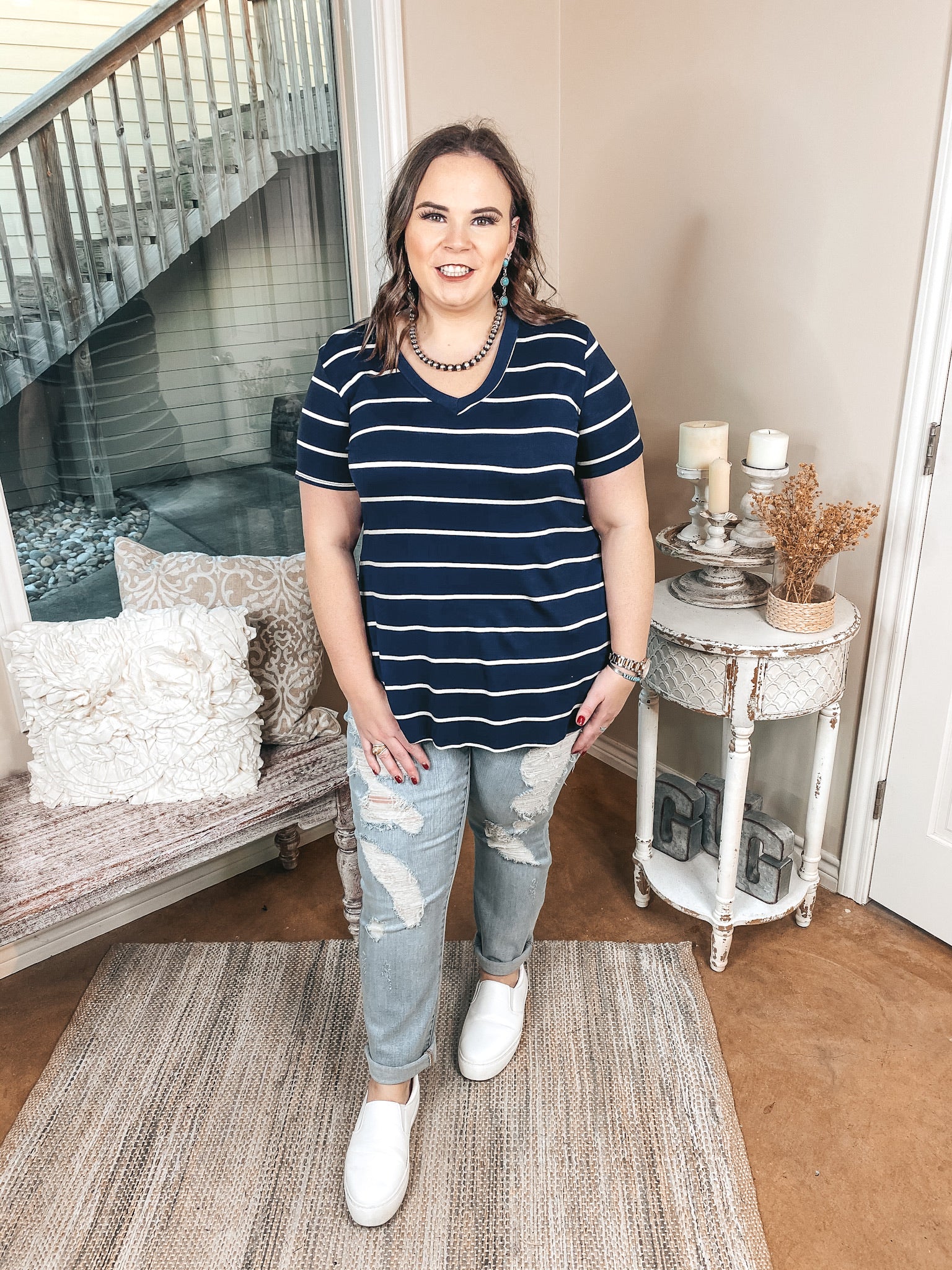 Keep Things Casual Striped V Neck Tee in Navy - Giddy Up Glamour Boutique