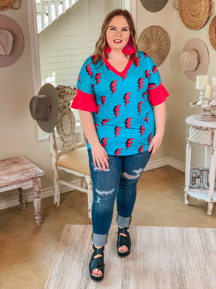 Last Chance Size S, M, & L | Saved By the Bell Fuchsia Lightning Bolt V Neck Top with Ruffle Sleeves in Turquoise - Giddy Up Glamour Boutique