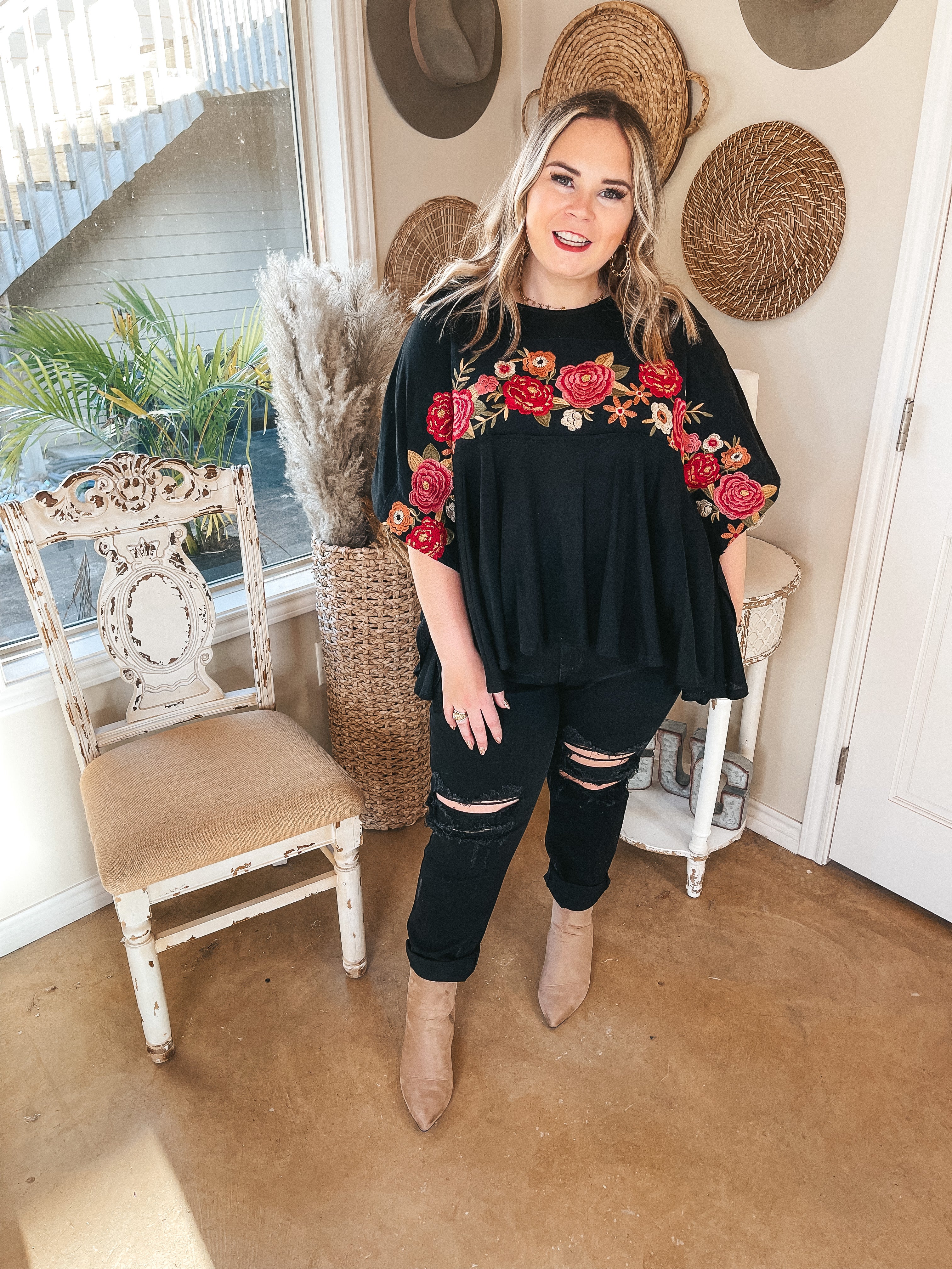 Glam and Go Floral Embroidered Bust Poncho Top in Black - Giddy Up Glamour Boutique