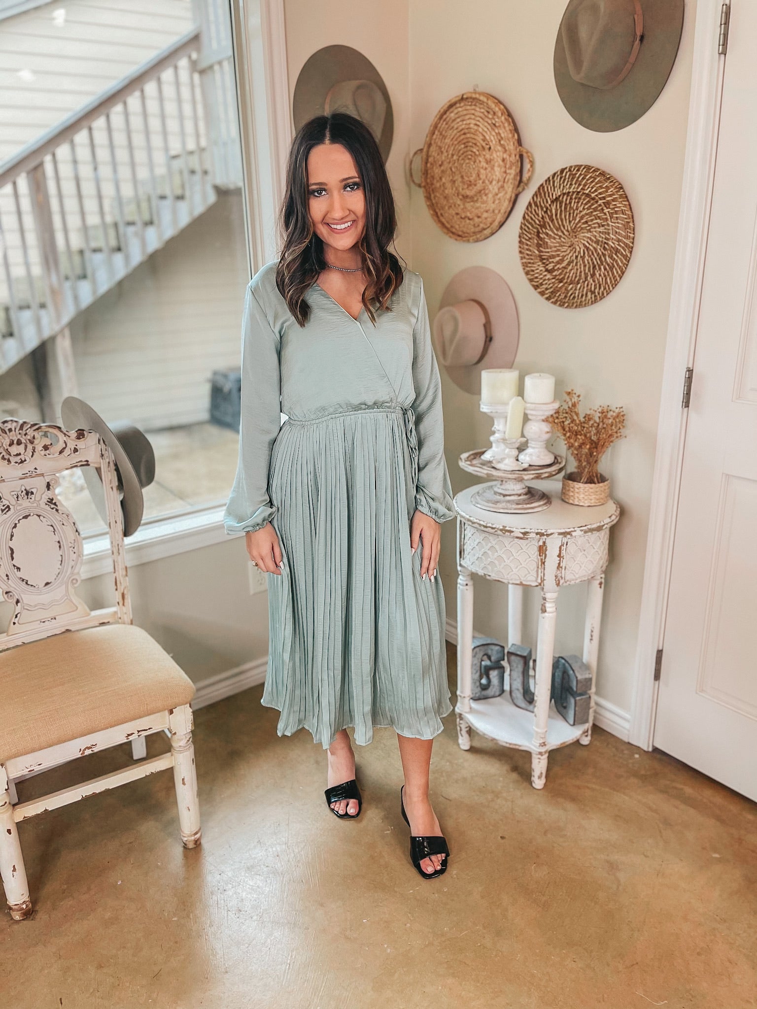 Last Chance Size Small & Med. | Bakersfield Brunch Long Sleeve Midi Dress with Pleated Skirt in Sage Green - Giddy Up Glamour Boutique