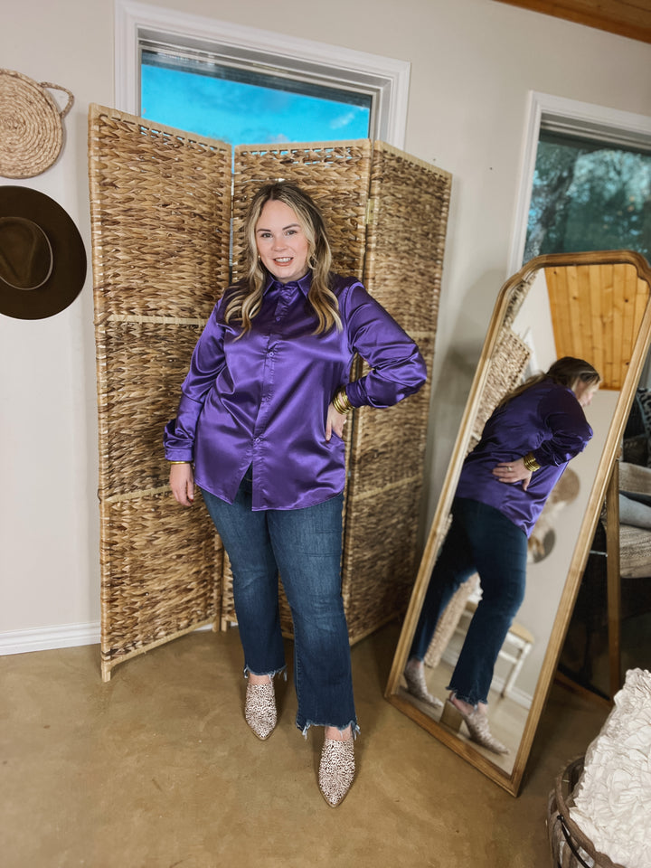 Down To Disco Satin Long Sleeve Button Up Top in Purple - Giddy Up Glamour Boutique