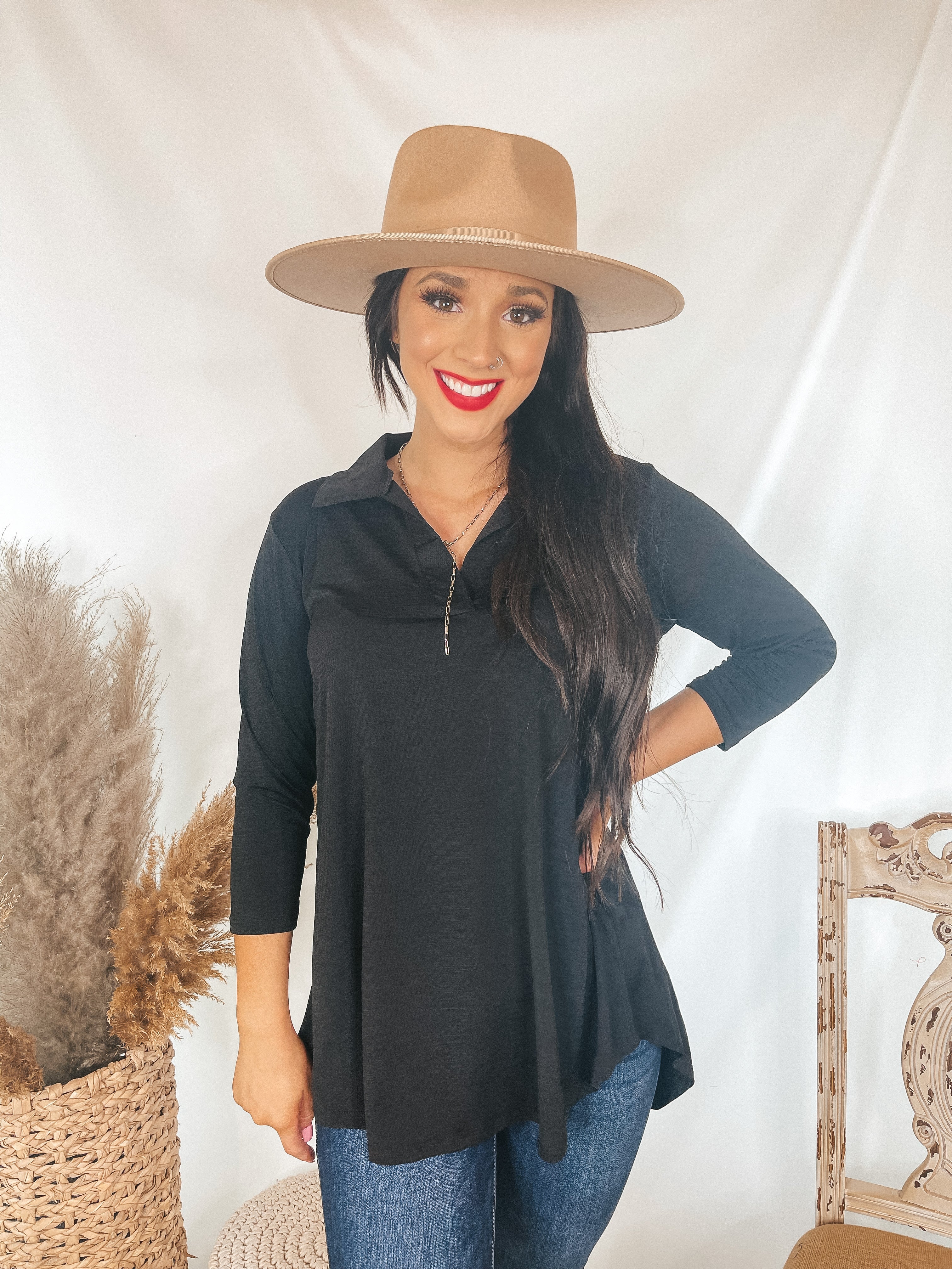 Scenic Route Solid Collared Tunic Top in Black - Giddy Up Glamour Boutique