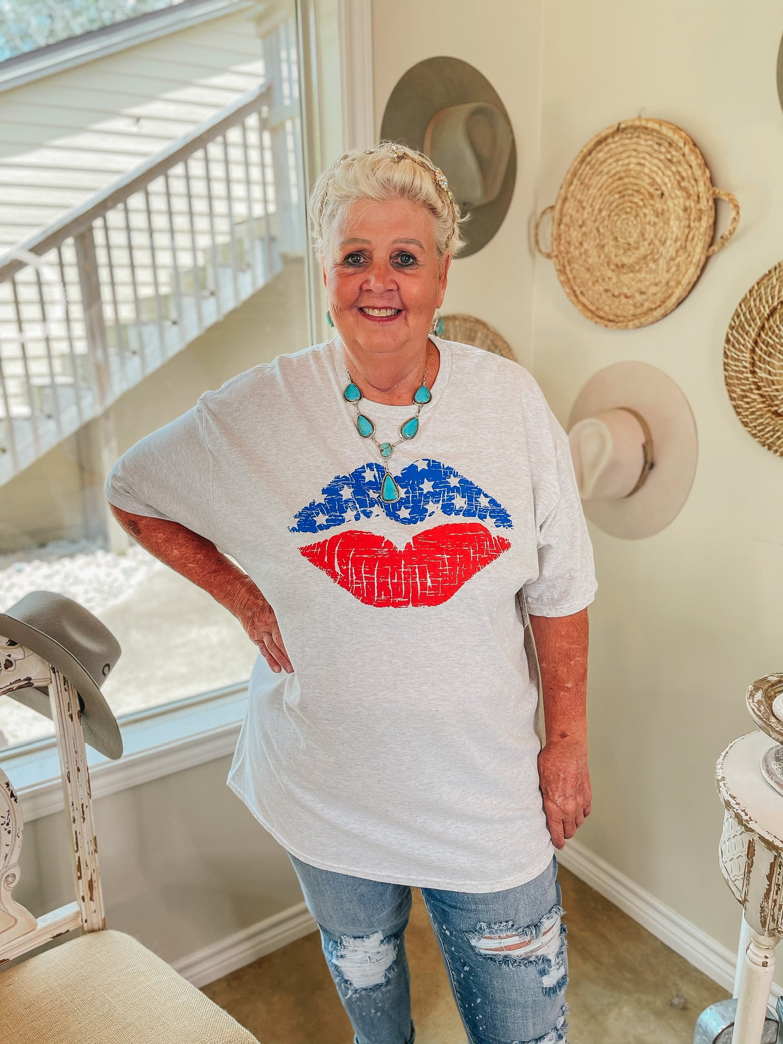 American Woman Lips Print Short Sleeve Graphic Tee in Heather Grey - Giddy Up Glamour Boutique
