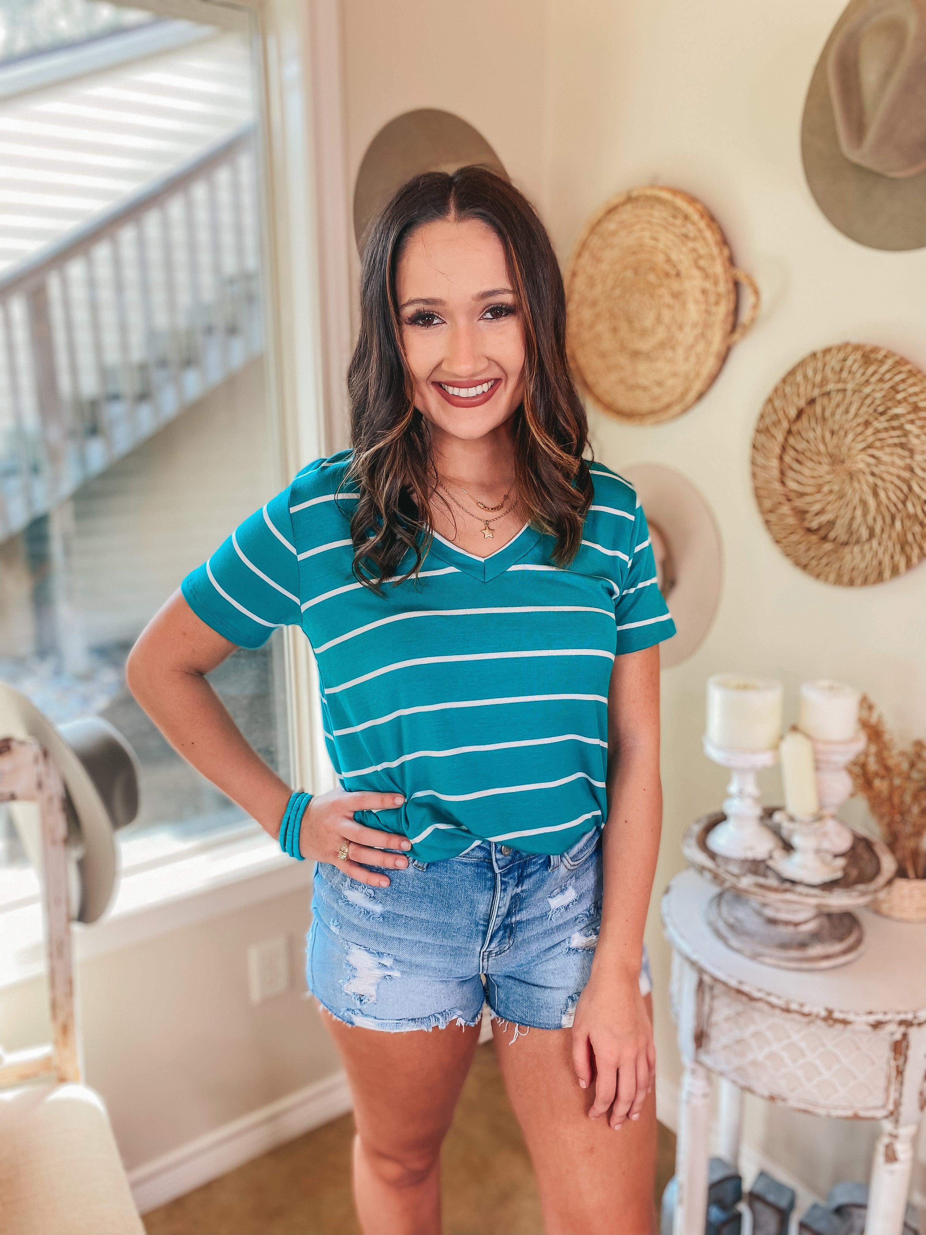 Keep Things Casual Striped V Neck Tee in Teal - Giddy Up Glamour Boutique