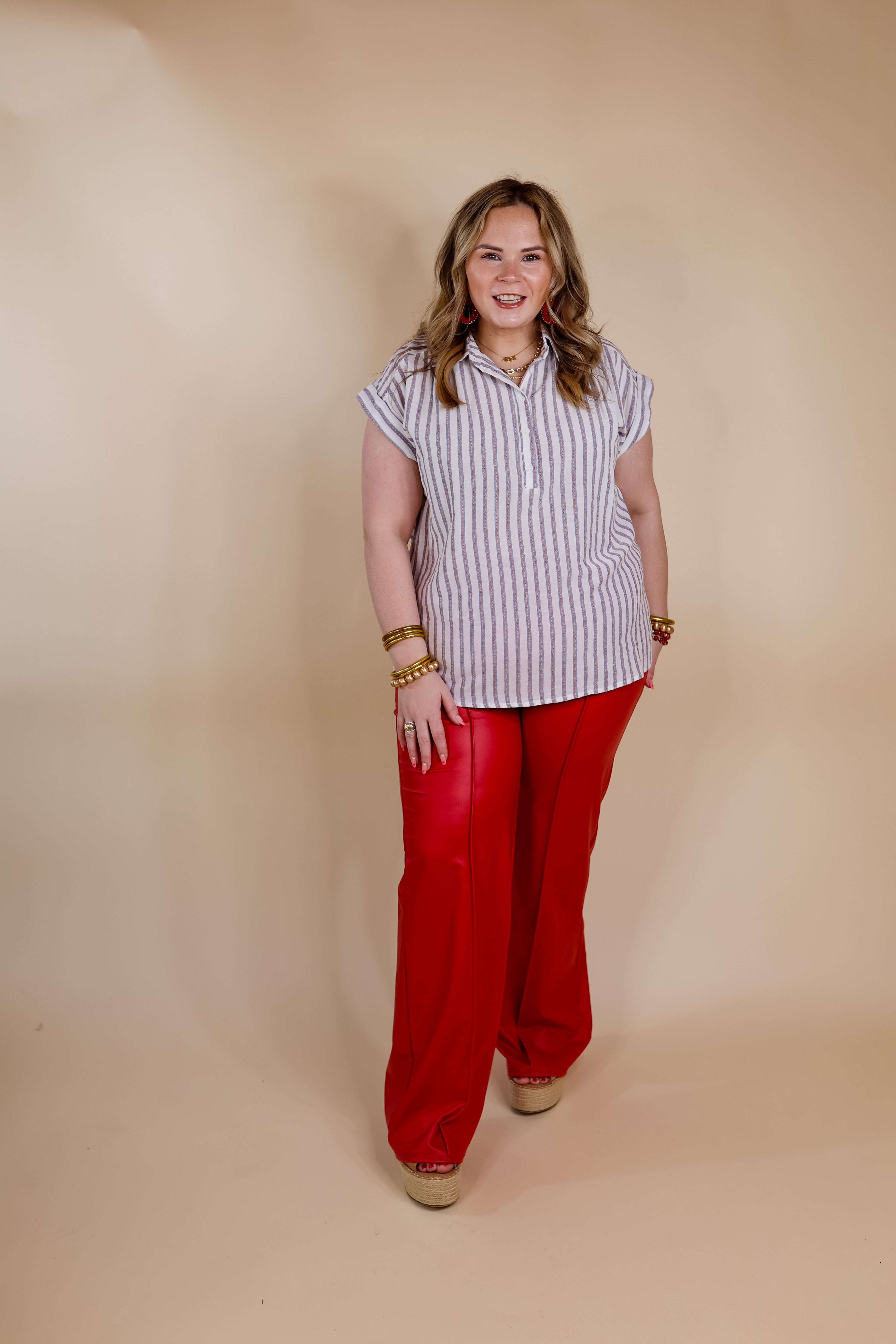 Long Time Coming Half Button Up Pin Stripe Top in Ivory - Giddy Up Glamour Boutique