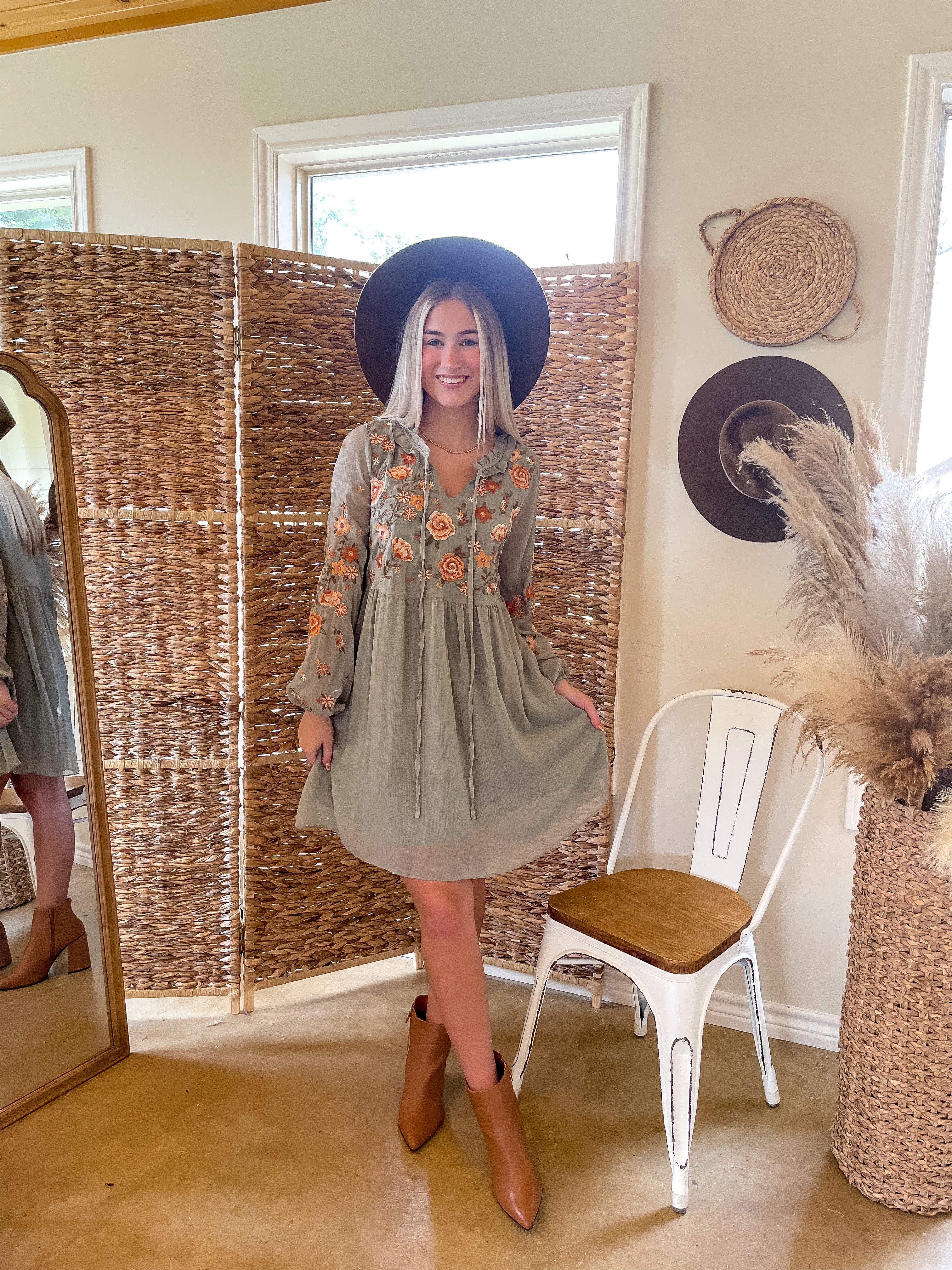 Headed For The Pines Long Sleeve Floral Embroidered Dress in Sage Green - Giddy Up Glamour Boutique