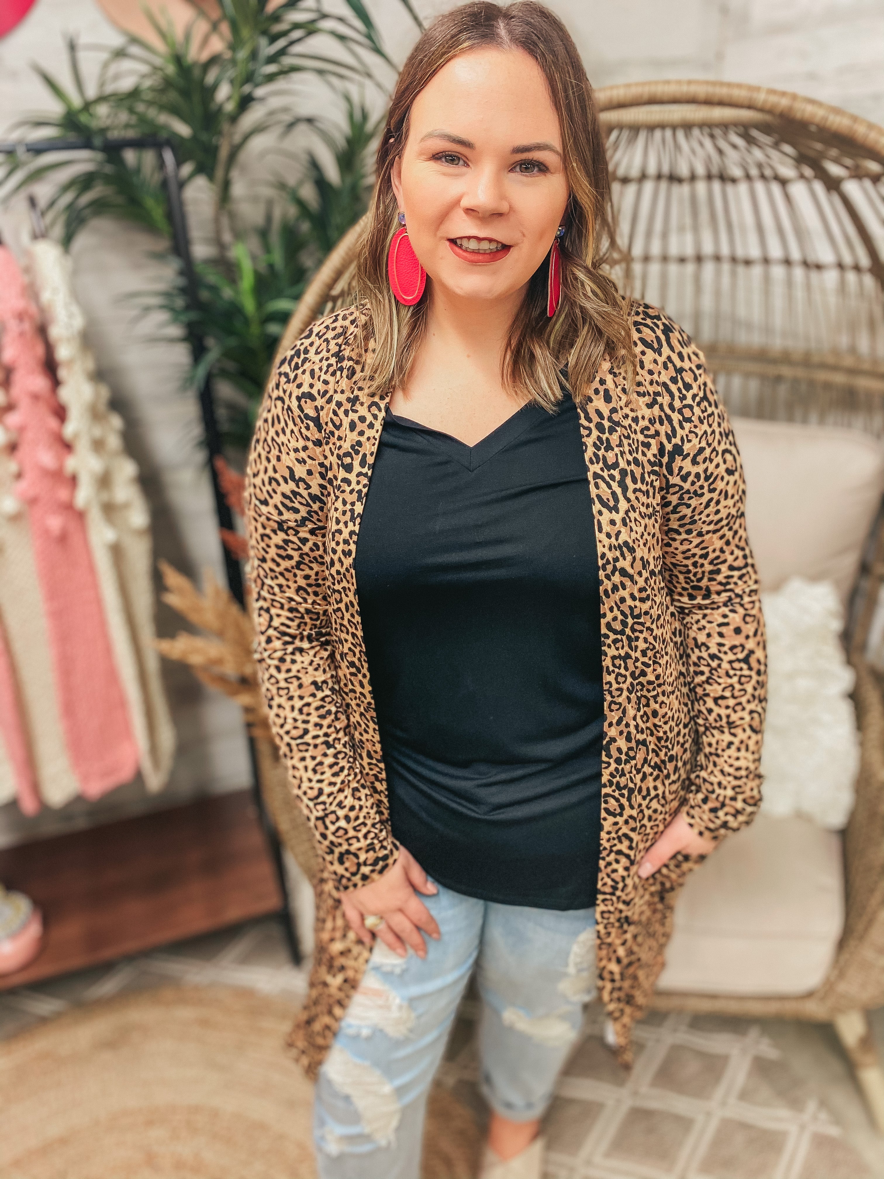 Put Me In The Spotlight Leopard Open Front Cardigan in Tan - Giddy Up Glamour Boutique