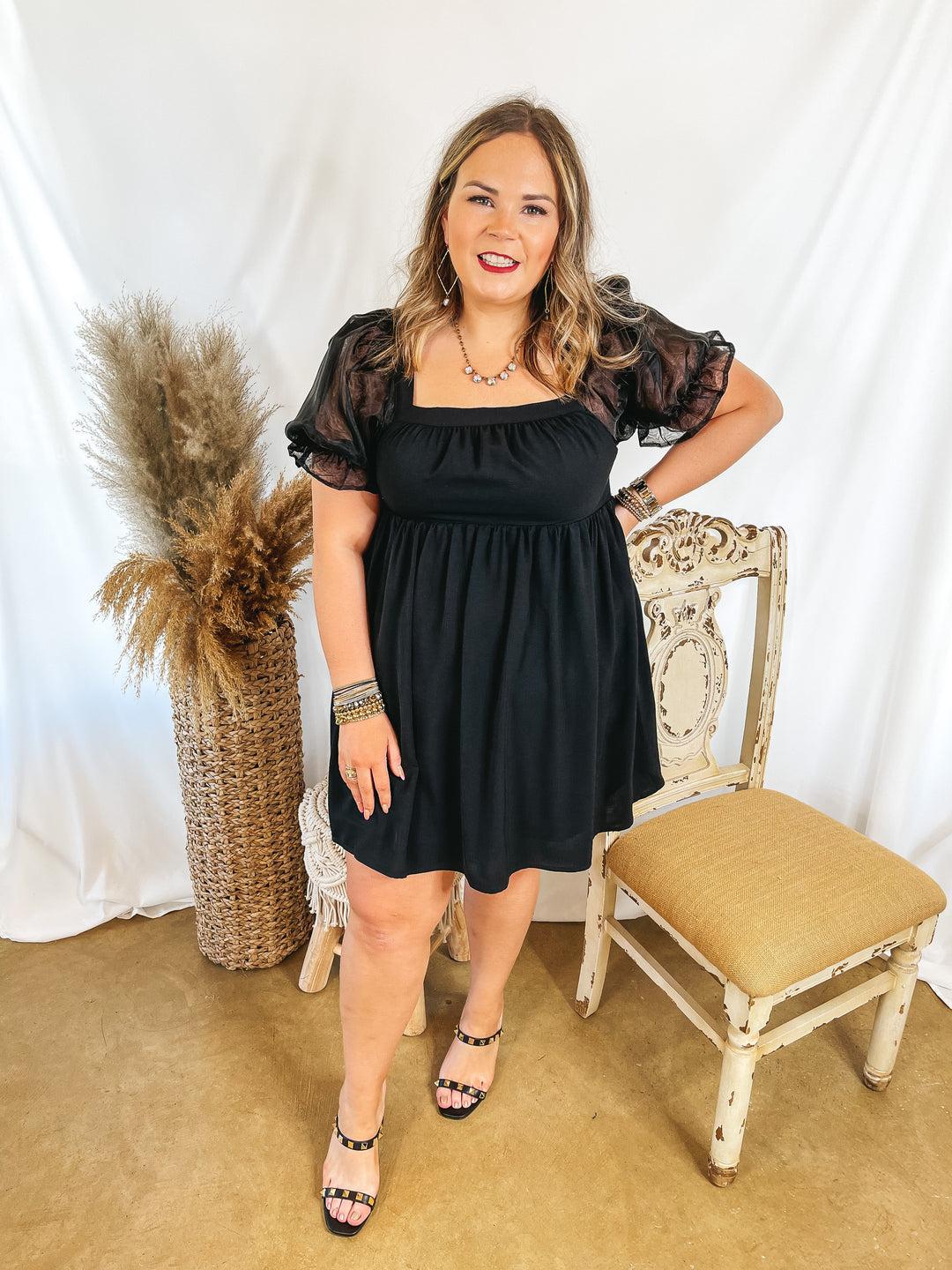 Seasonal Spice Puff Sleeve Babydoll Dress in Black - Giddy Up Glamour Boutique