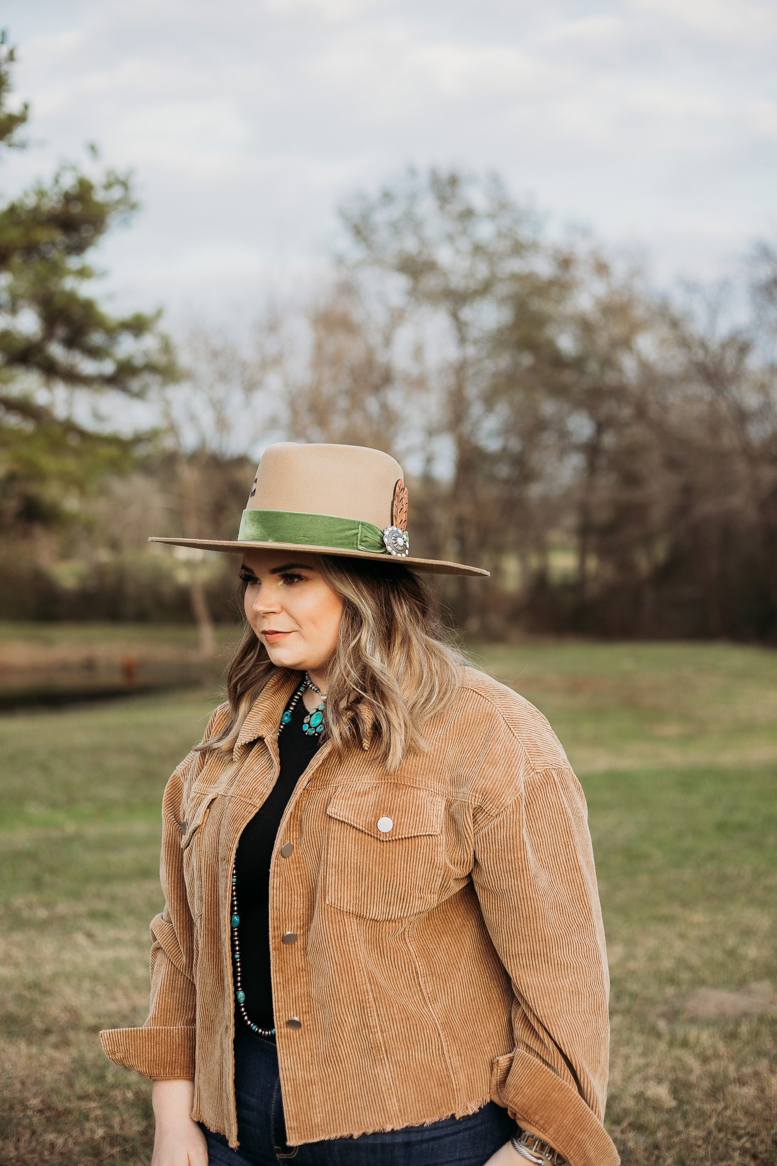 Charlie 1 Horse | Hippie Wool Felt Hat with Ribbon Band and Concho with Leather Feather in Buck - Giddy Up Glamour Boutique