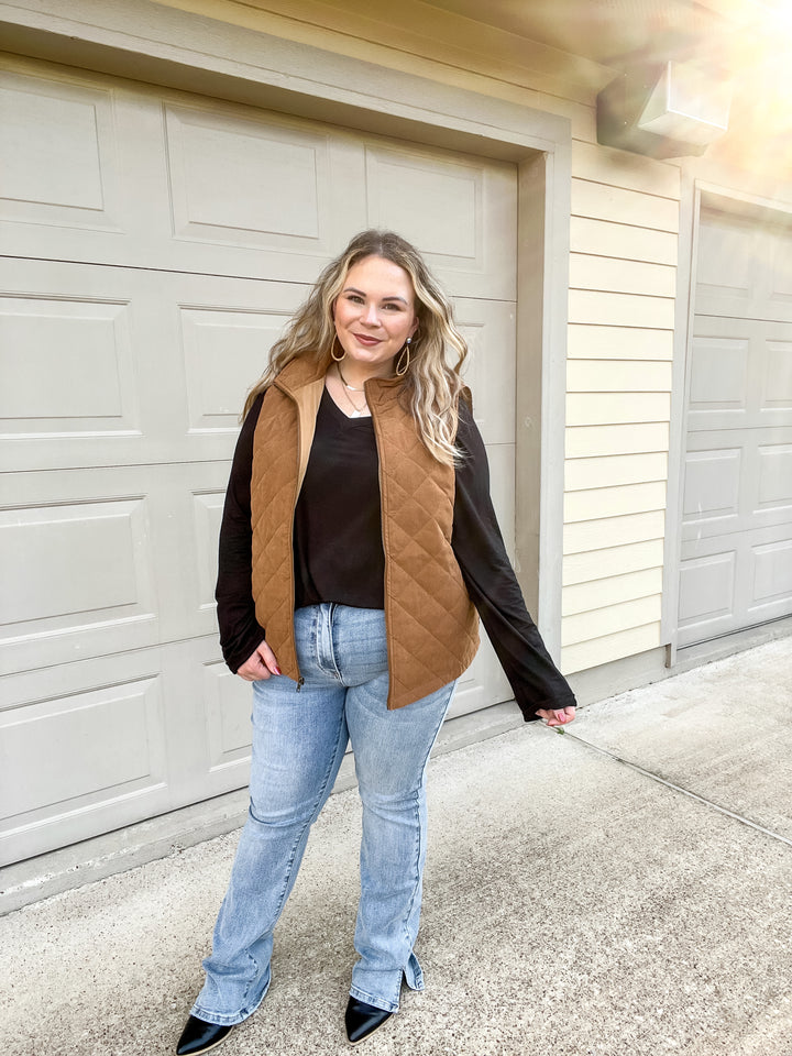 Headed To Denver Zip Up Quilted Vest in Camel Brown - Giddy Up Glamour Boutique