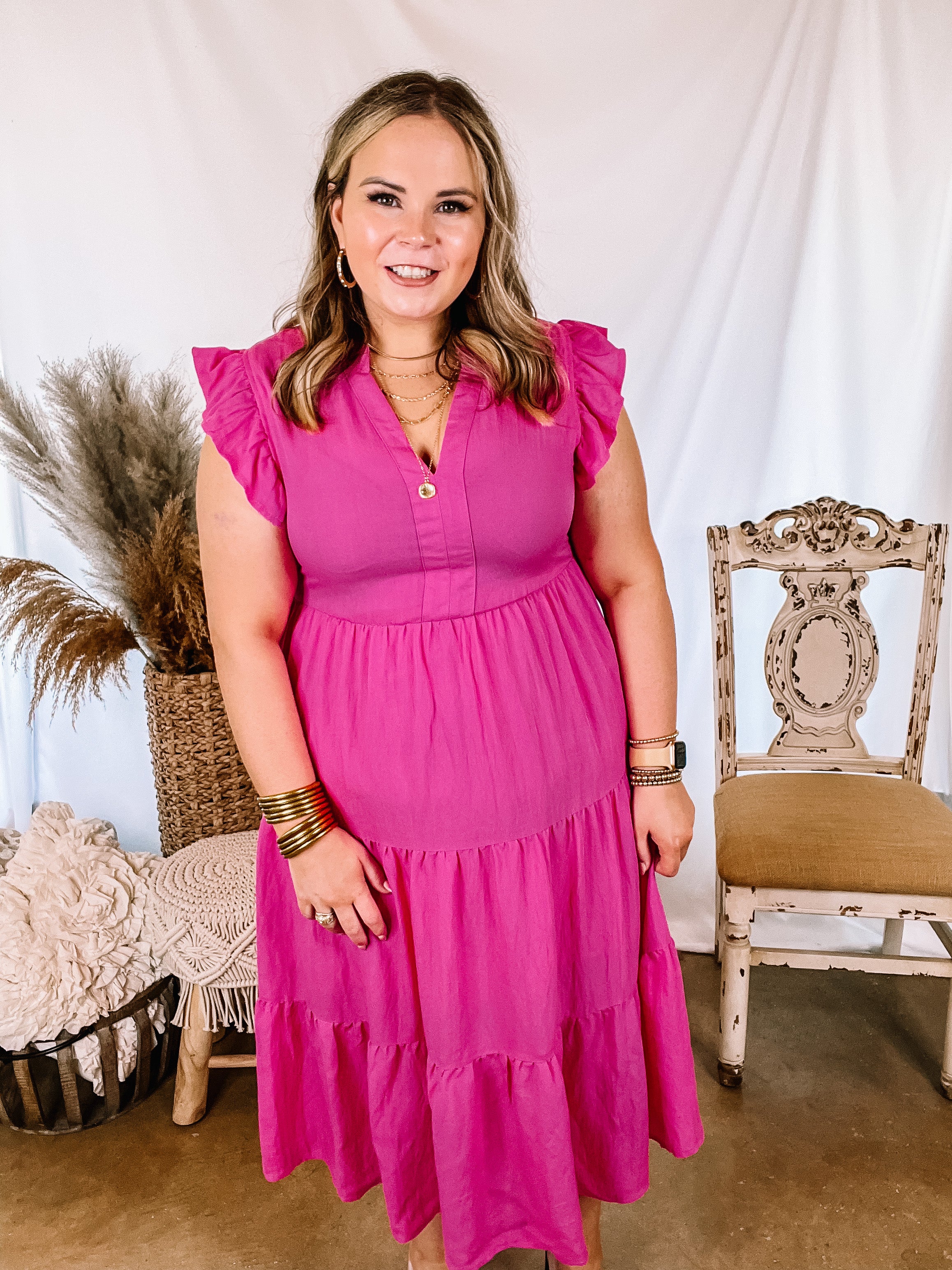 Magnolia Morning Ruffle Cap Sleeve Tiered Midi Dress in Hot Pink - Giddy Up Glamour Boutique