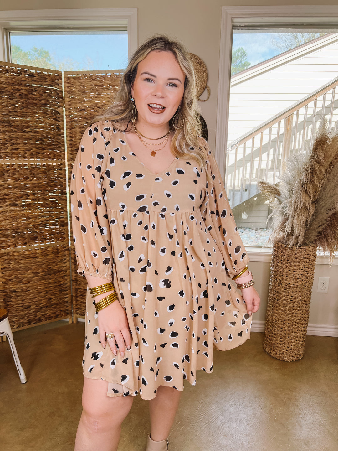 Hightlight This Black and Ivory Dotted Dress in Taupe - Giddy Up Glamour Boutique