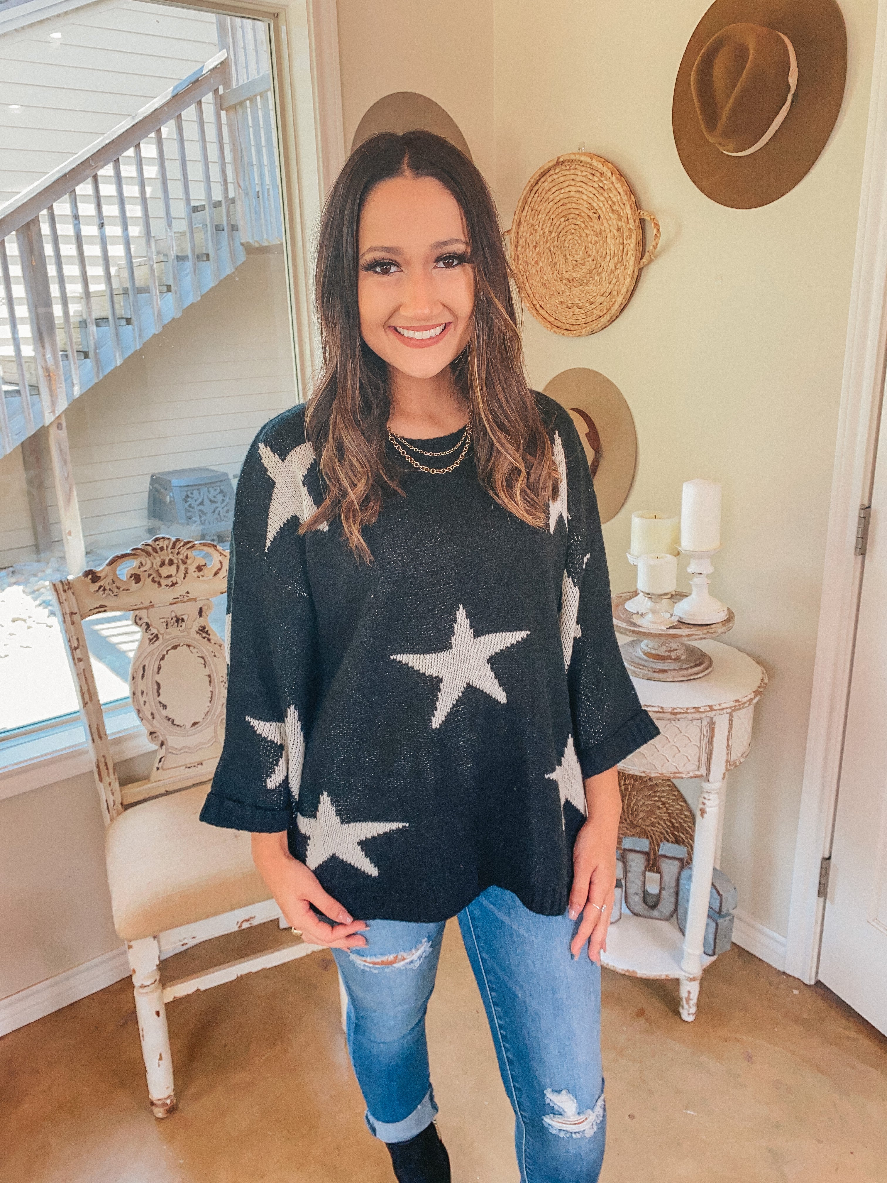 Brightest Dreams Star Print Oversized Sweater in Black - Giddy Up Glamour Boutique