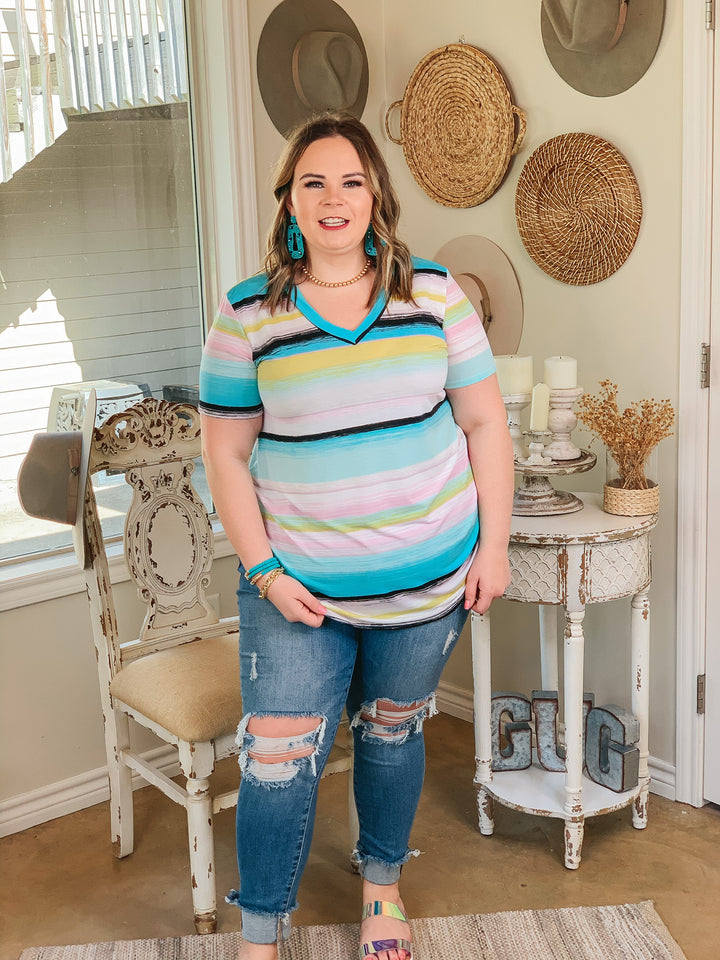 Keep Things Simple Striped V Neck Tee in Mint and Yellow Multi - Giddy Up Glamour Boutique