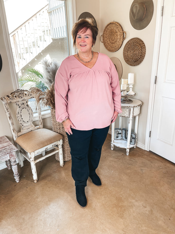 Office Feels Long Sleeve V Neck Babydoll Top in Dusty Pink - Giddy Up Glamour Boutique