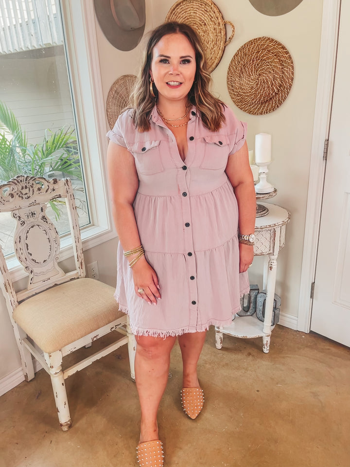Oh Darling Ruffle Tiered Button Up Dress in Mauve Pink - Giddy Up Glamour Boutique