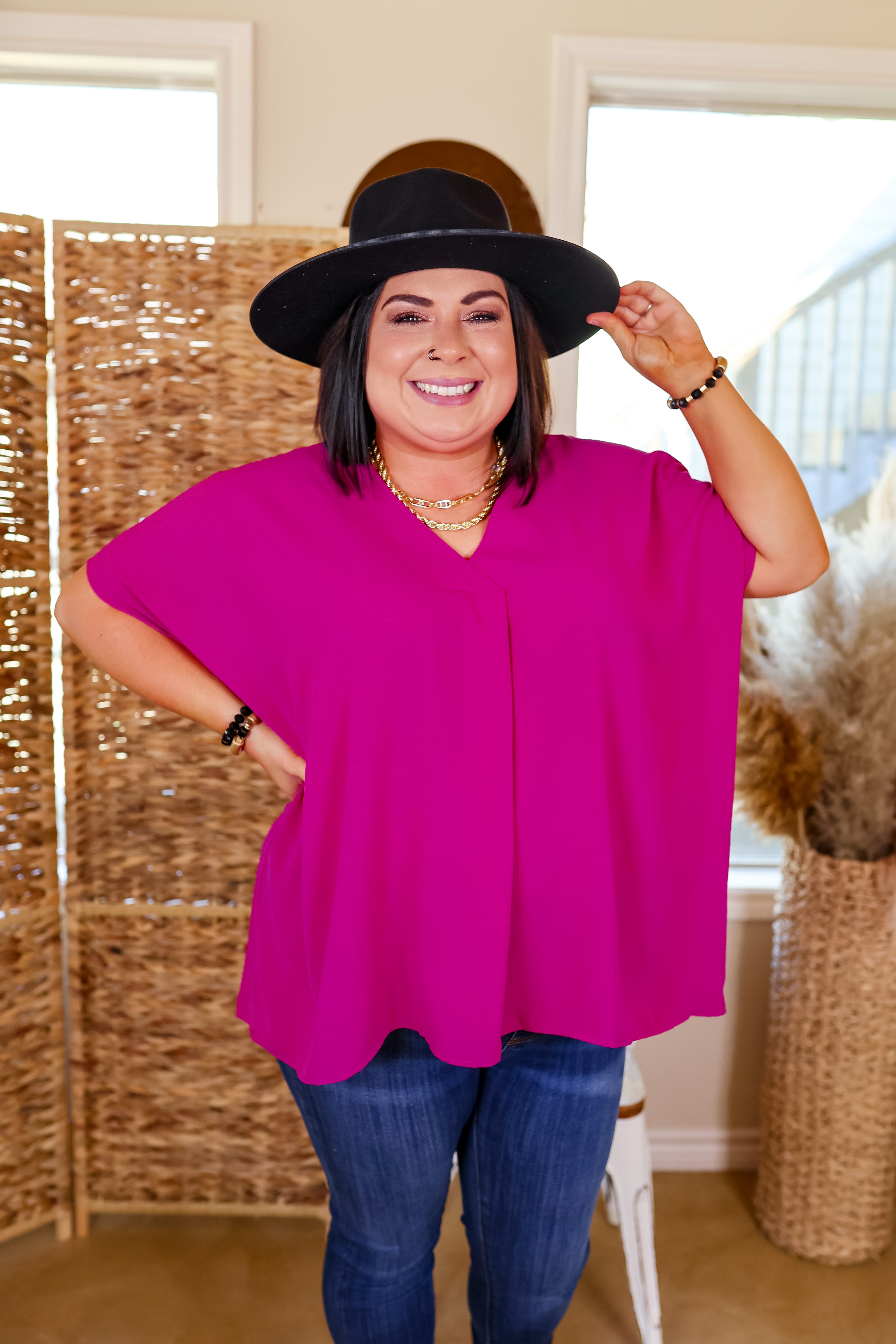 Weekend Out V Neck Placket Short Sleeve Top in Magenta - Giddy Up Glamour Boutique