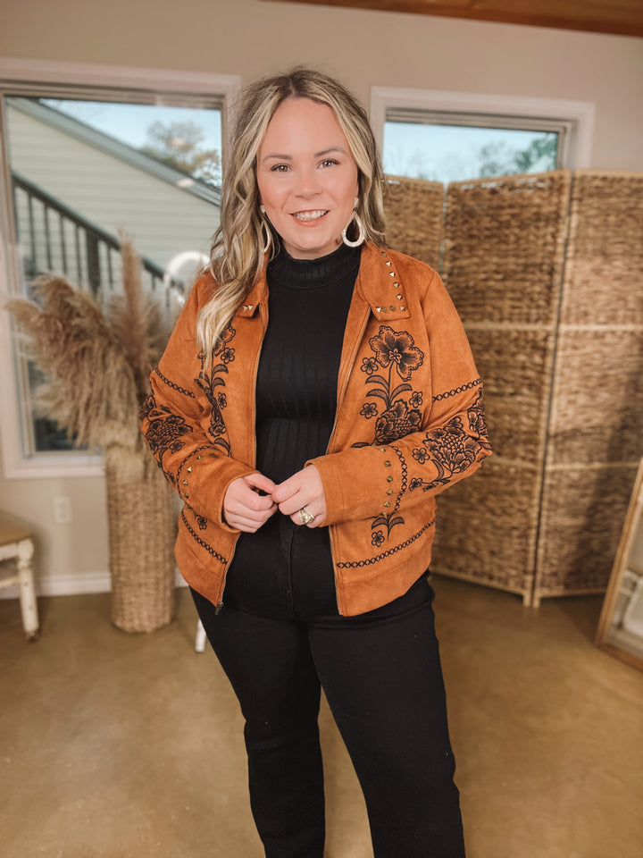 Downtown Elegance Floral Embroidered Suede Jacket with Studded Collar in Brown - Giddy Up Glamour Boutique
