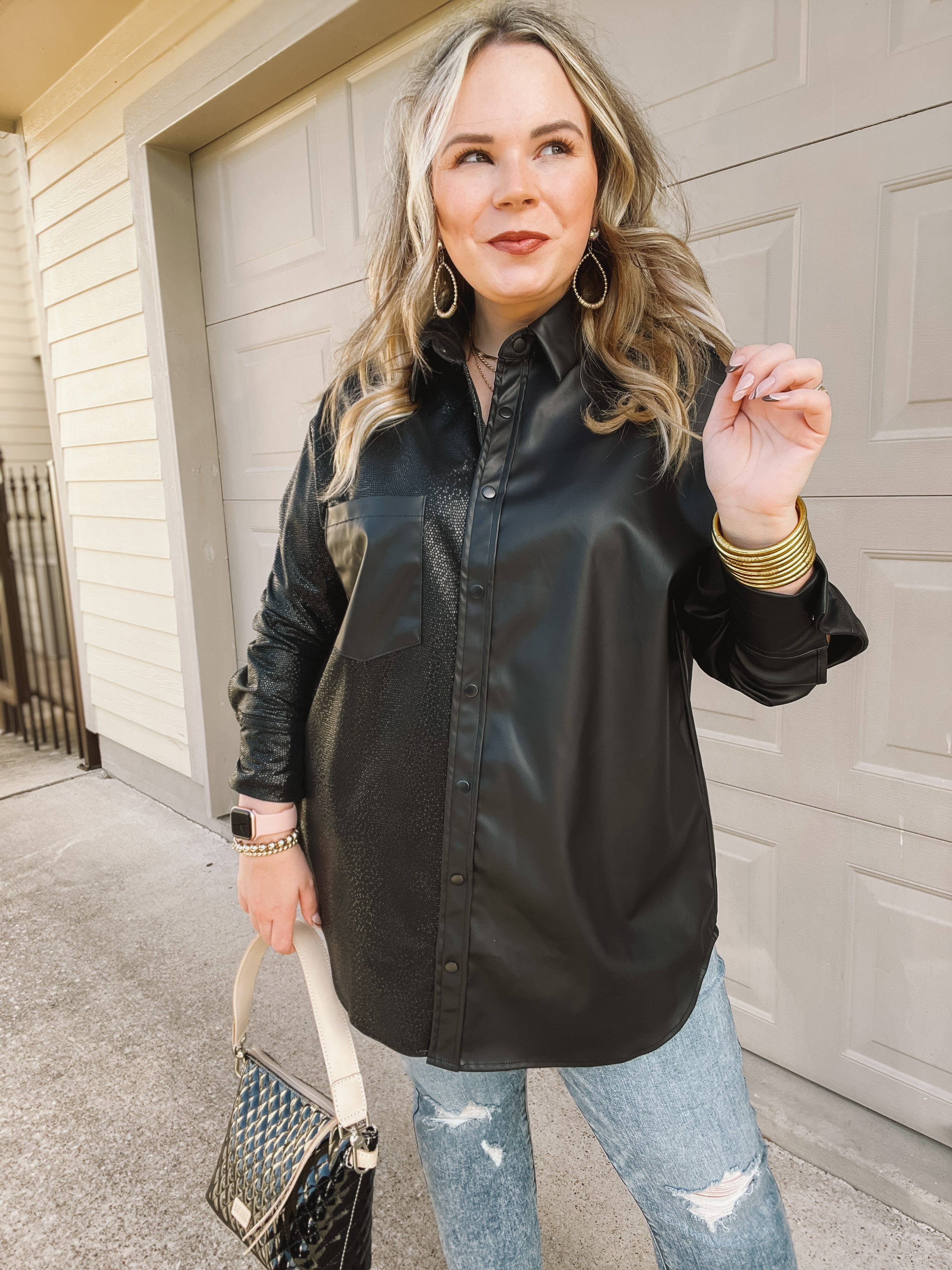 Talk Sweetly Faux Leather Print Block Shacket in Black - Giddy Up Glamour Boutique