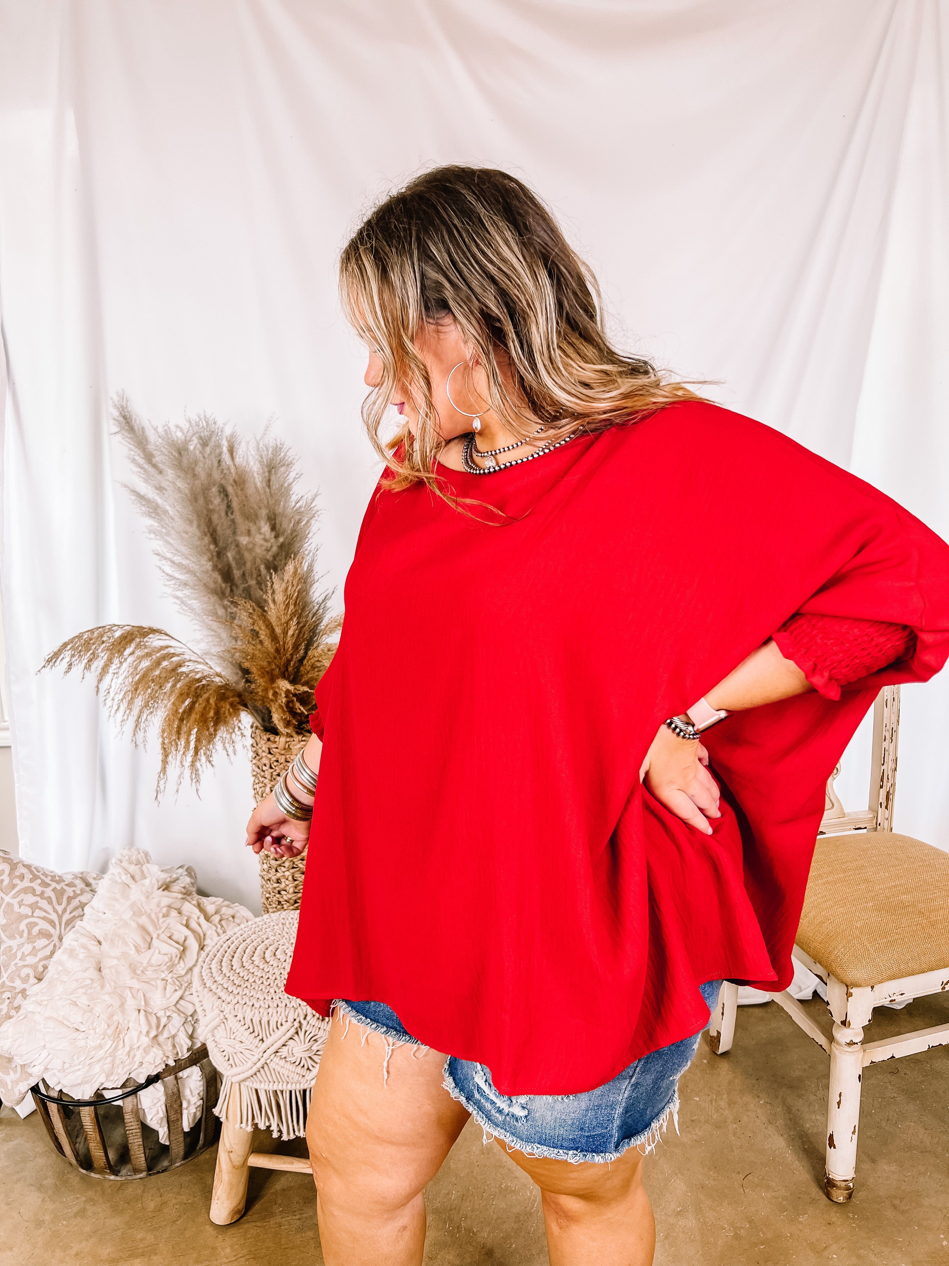 Growing and Glowing Smocked 3/4 Sleeve Oversized Blouse in Red - Giddy Up Glamour Boutique