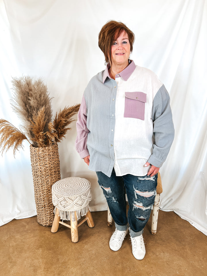Highly Requested Button Up Color Block Top in Dusty Blue and Purple - Giddy Up Glamour Boutique