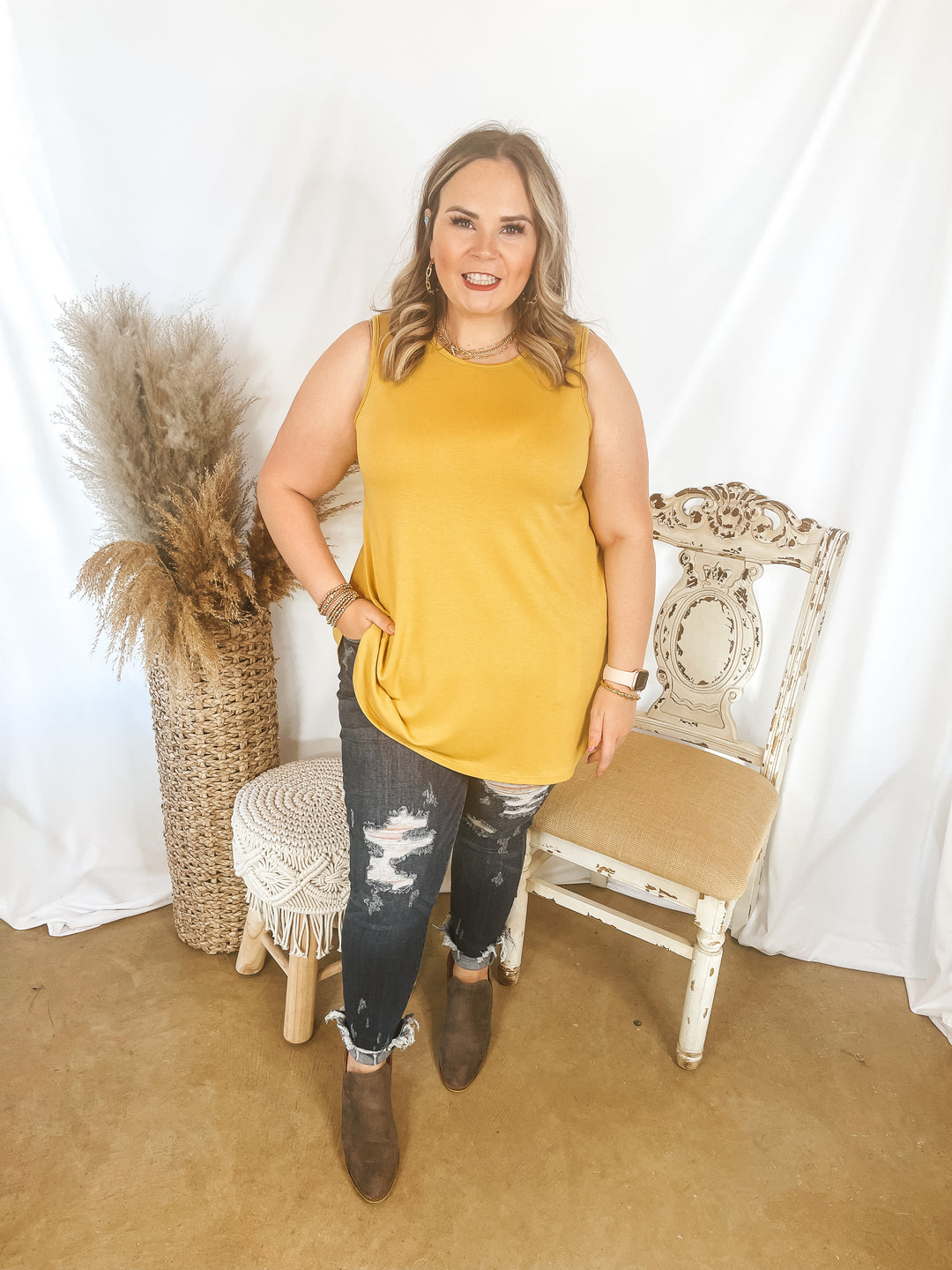 Give Me Joy Solid Knit A-Line Tank Top in Mustard Yellow - Giddy Up Glamour Boutique
