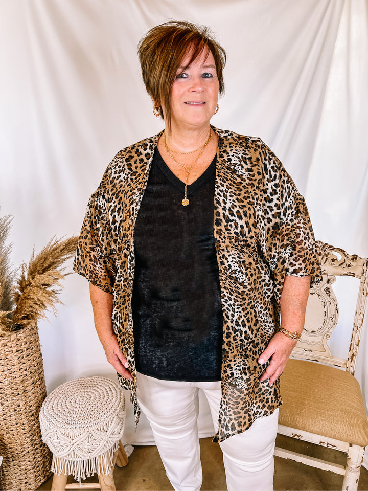 Forever Friends Leopard Print Short Sleeve Kimono in Brown - Giddy Up Glamour Boutique