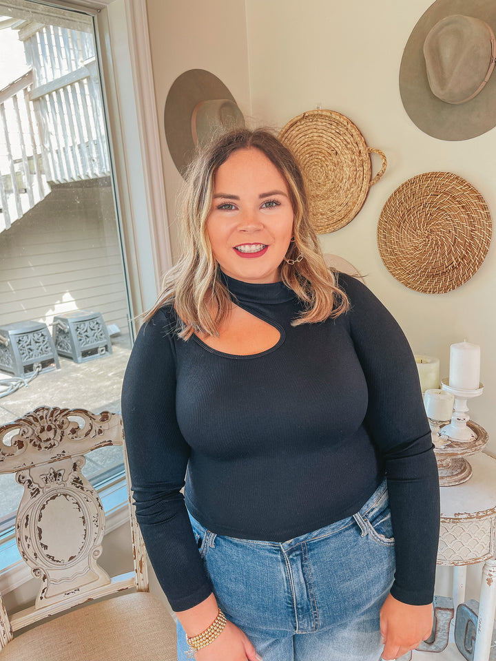 Day Glow Mockneck Cut Out Long Sleeve Crop Top in Black - Giddy Up Glamour Boutique
