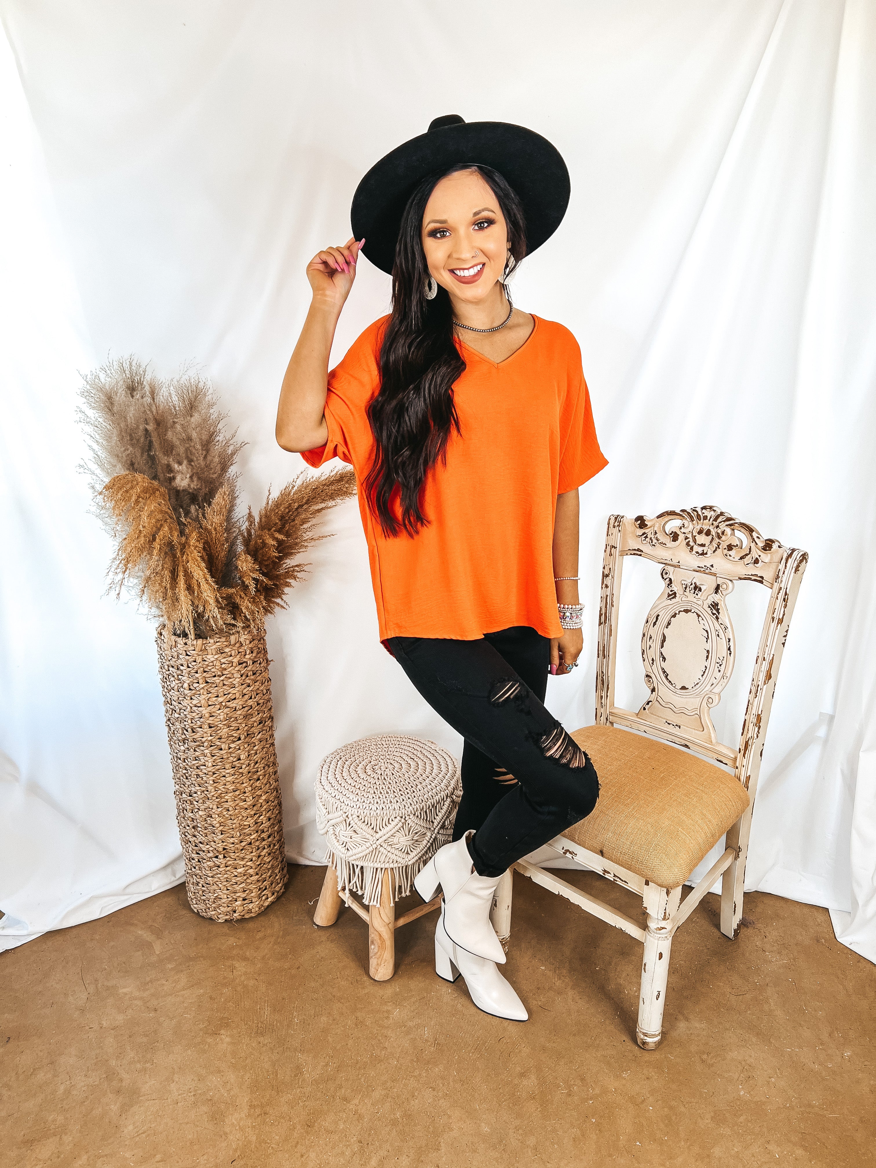 Lovely Dear V Neck Short Sleeve Solid Top in Orange - Giddy Up Glamour Boutique