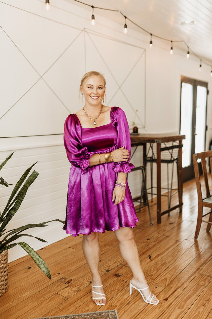Feeling Fine Satin Babydoll Dress with 3/4 Sleeves in Magenta - Giddy Up Glamour Boutique