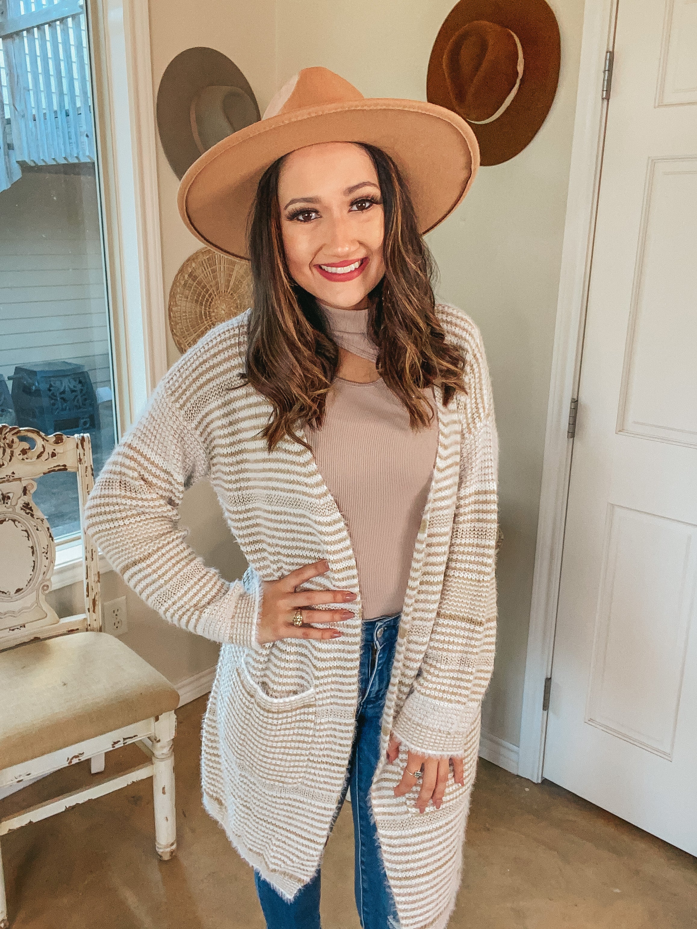 Upstate Chill Striped Knit Cardigan with Pockets in Beige - Giddy Up Glamour Boutique