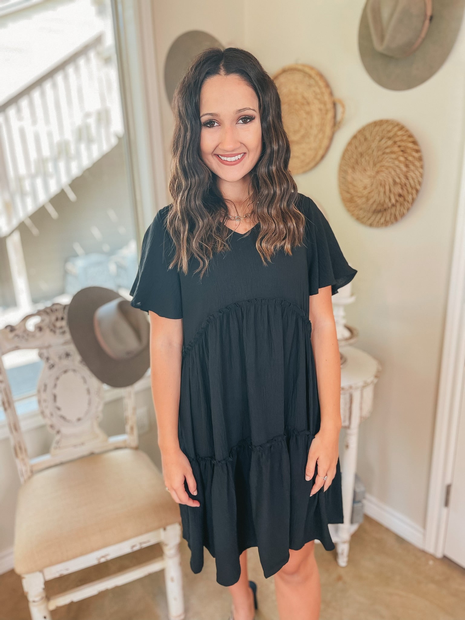 Waiting on Wednesday Short Sleeve Tiered Babydoll Dress in Black - Giddy Up Glamour Boutique