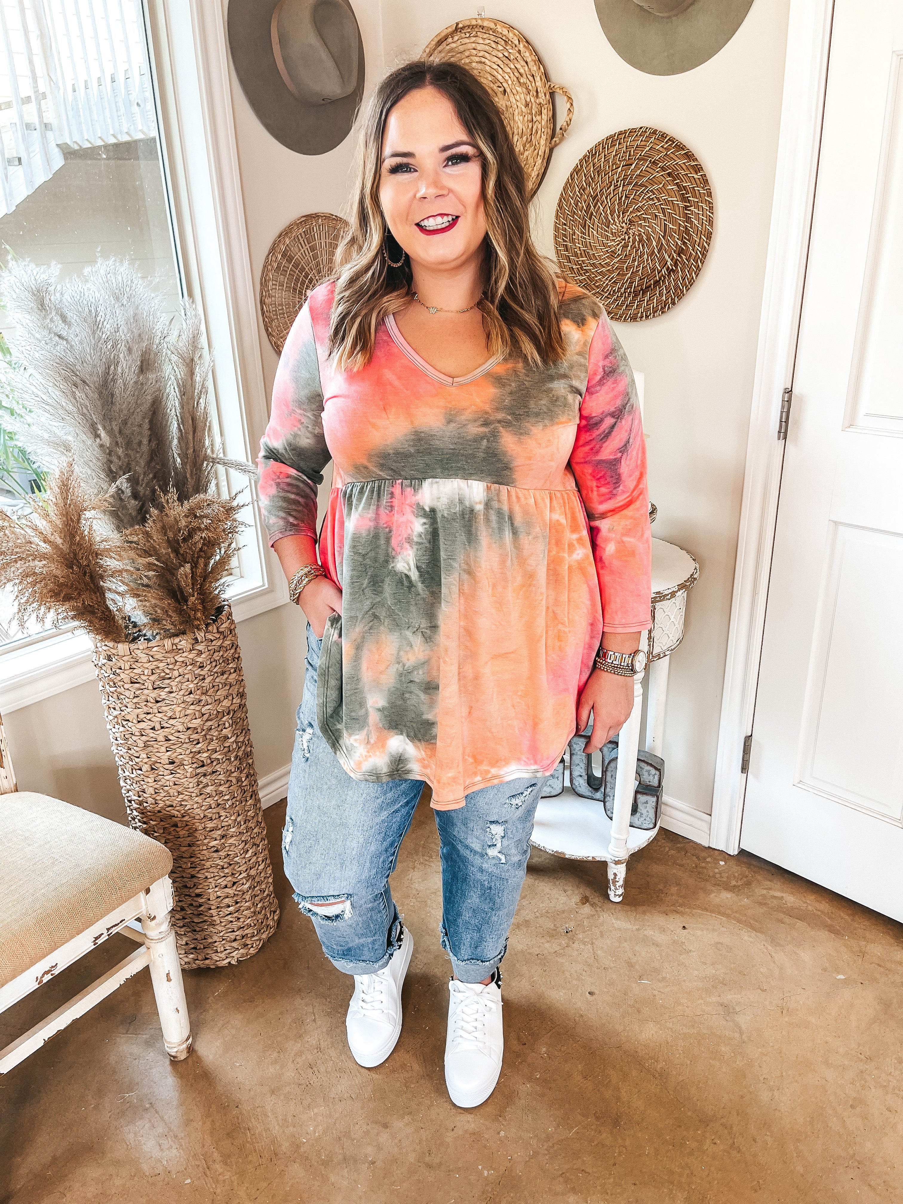 Last Chance Size Small & Med. | Make It Better 3/4 Sleeve Tie Dye Babydoll Top in Pink and Olive Green - Giddy Up Glamour Boutique