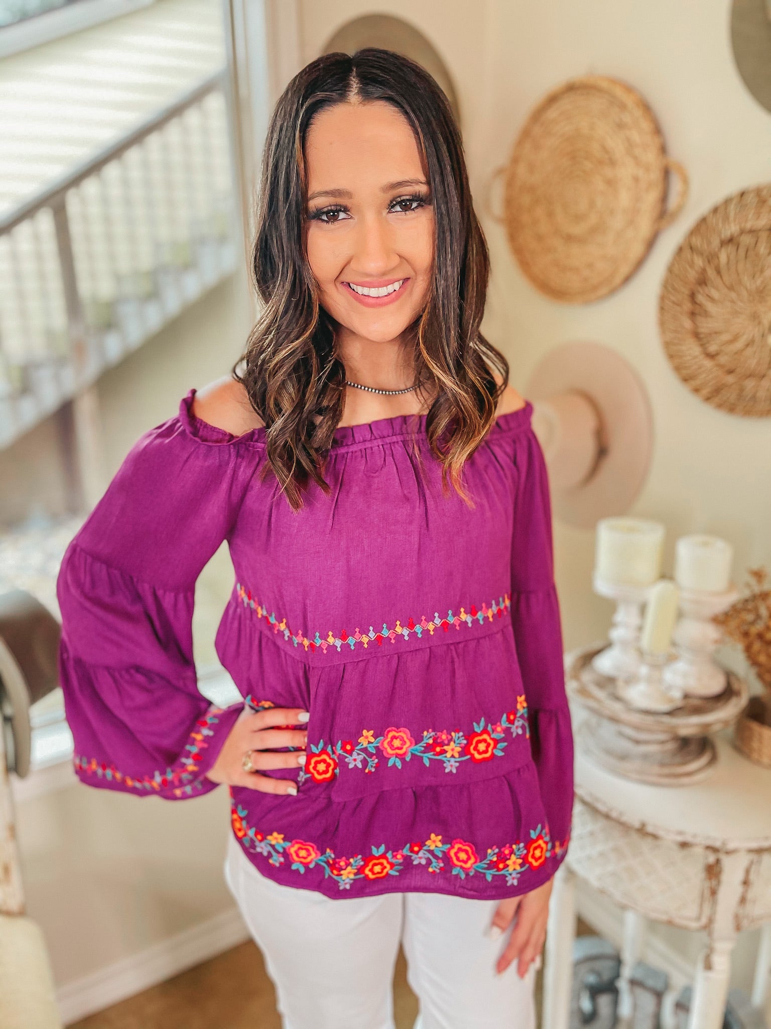 Your Moment Off the Shoulder Floral Embroidered Blouse in Magenta - Giddy Up Glamour Boutique